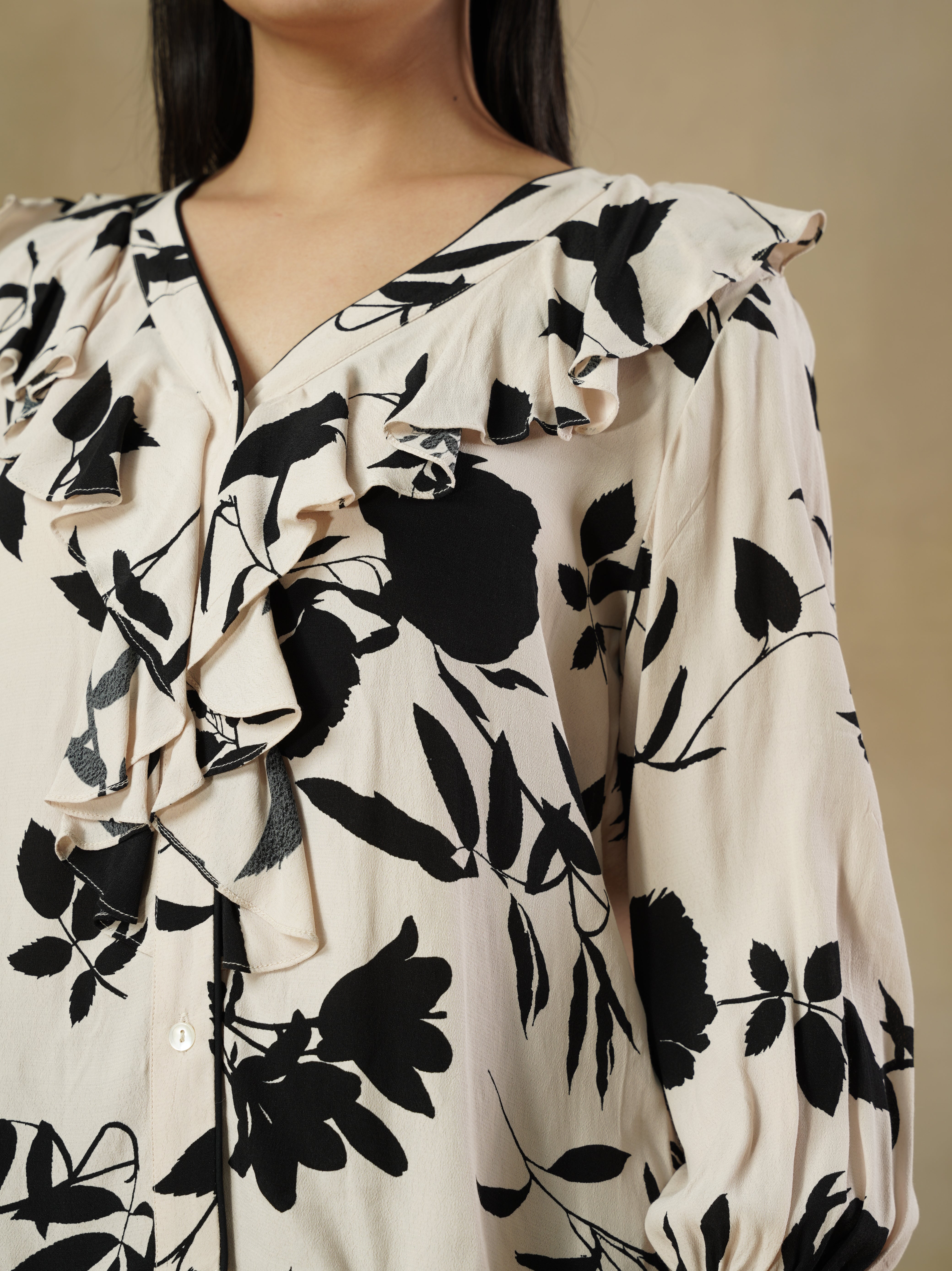 Floral Print Ruffle Shirt with Bishop Sleeves