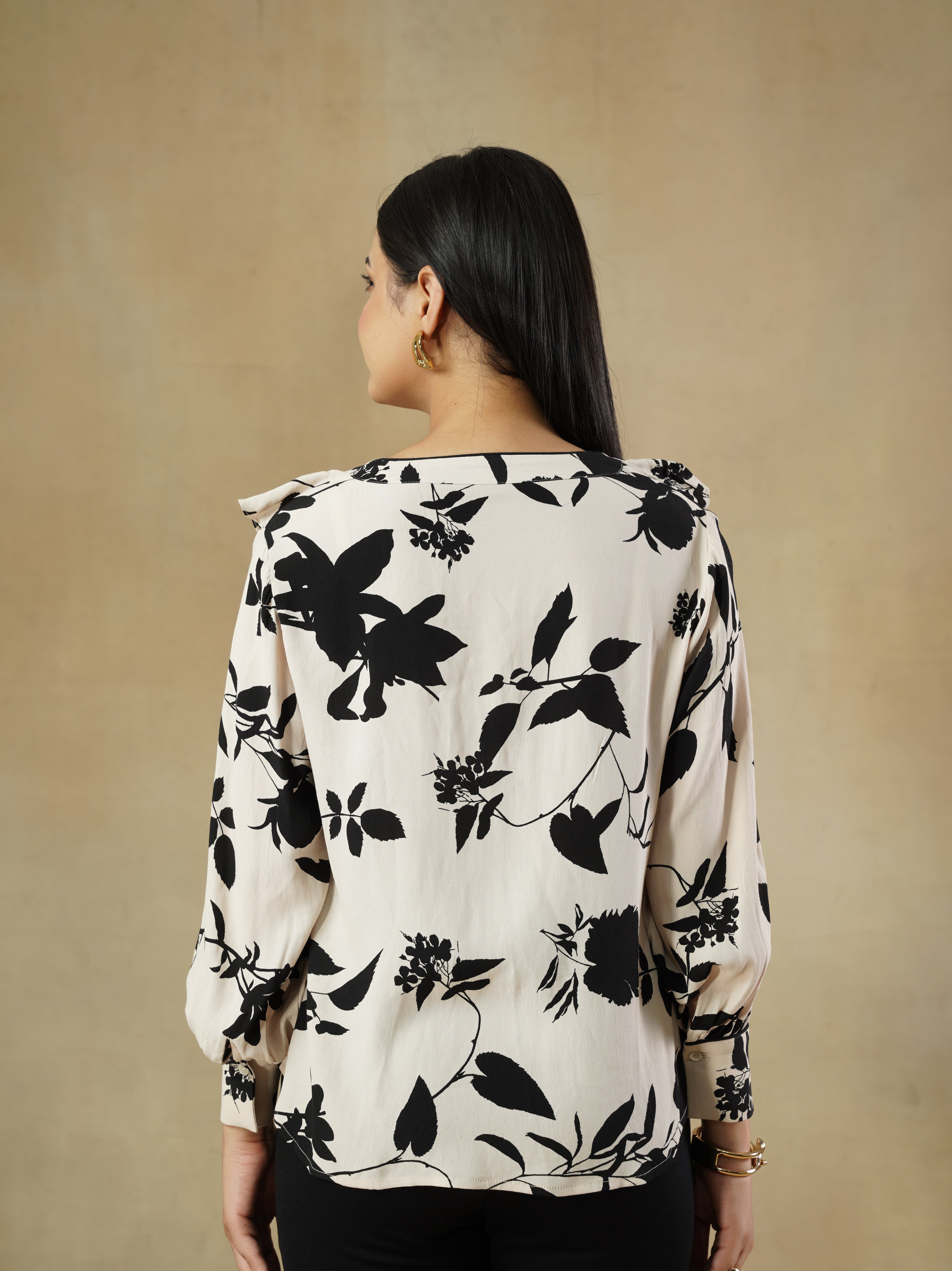 Floral Print Ruffle Shirt with Bishop Sleeves