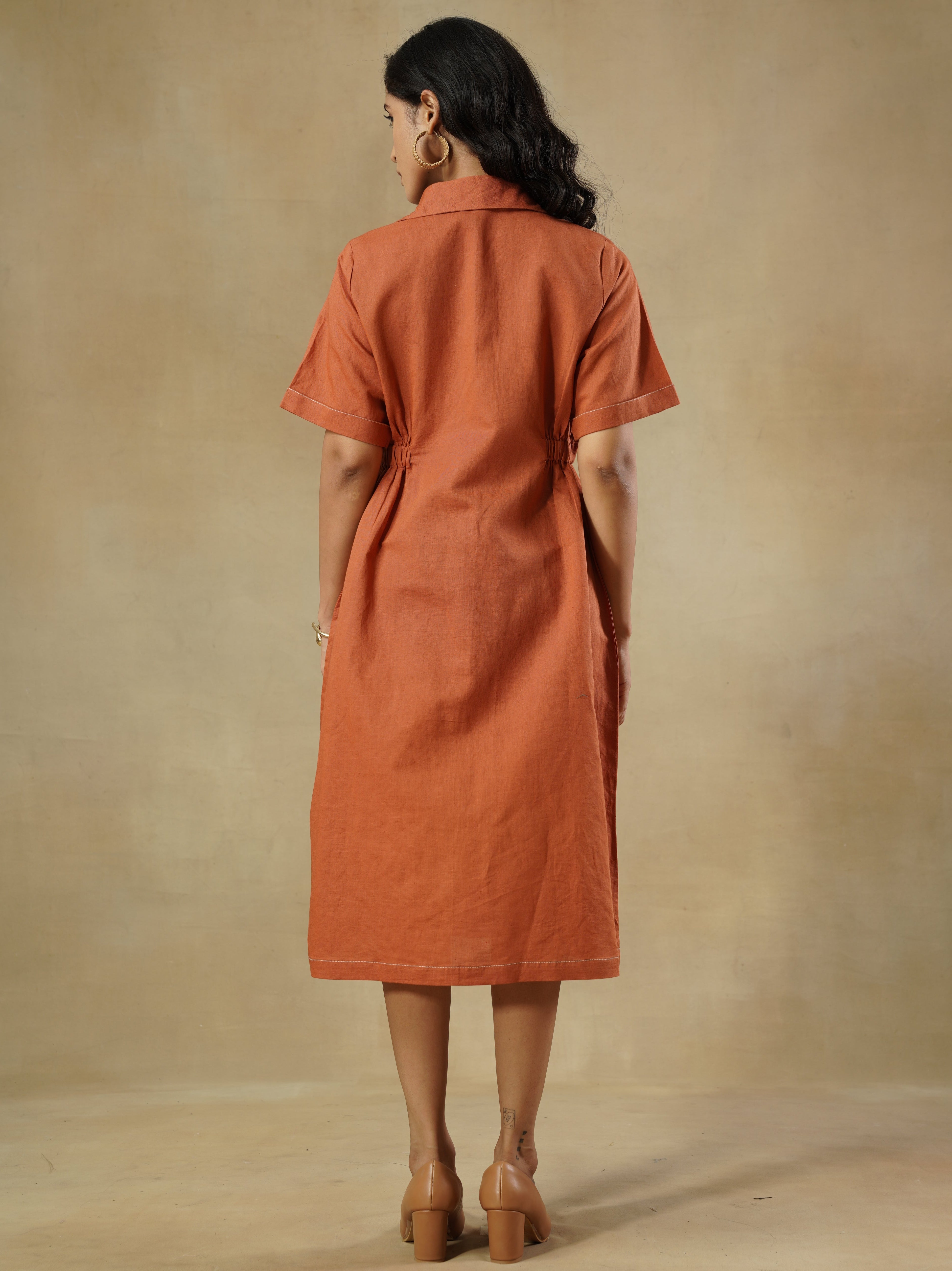 Linen Cotton Shirt Dress with Contrast Stitching