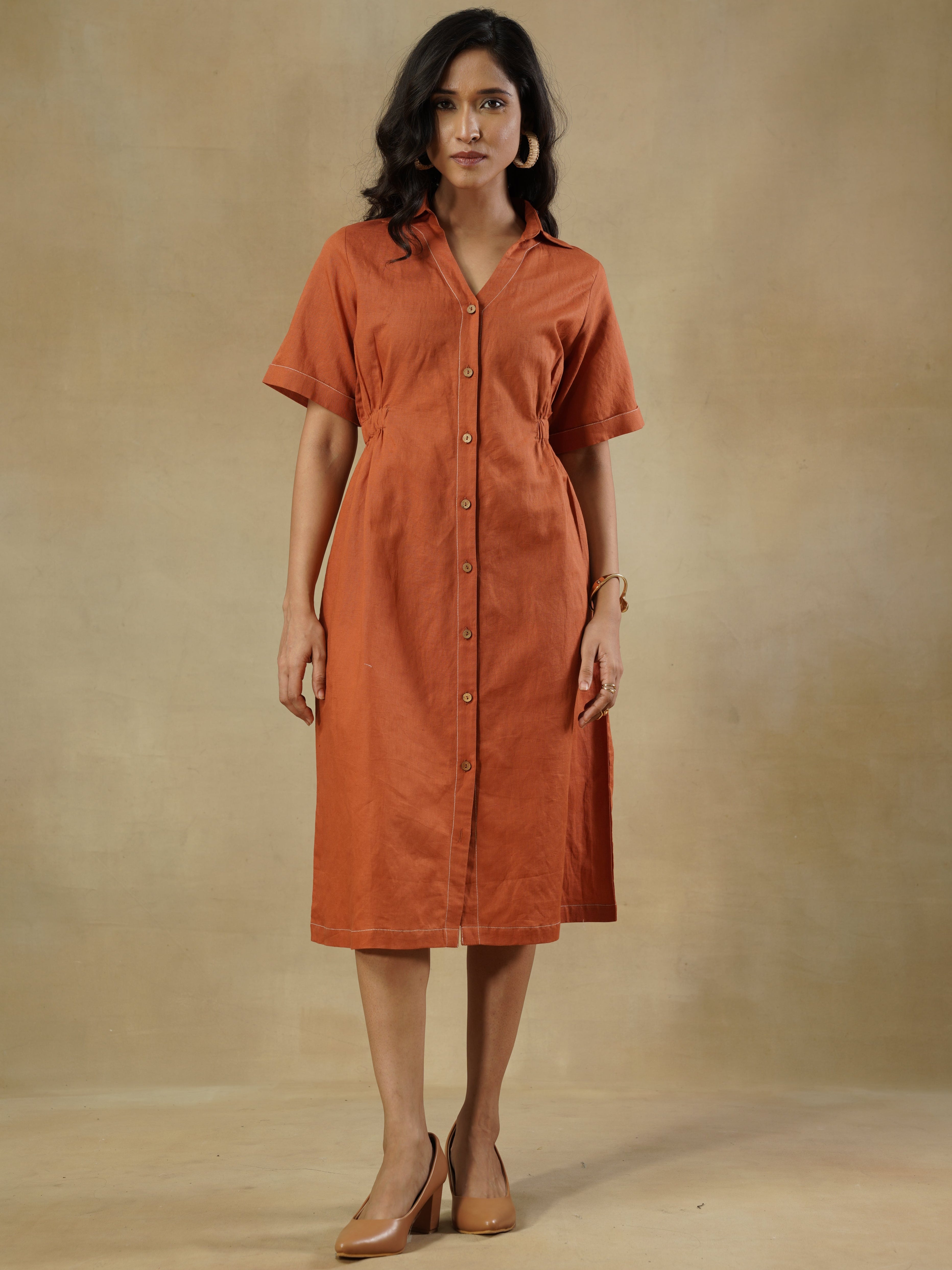 Linen Cotton Shirt Dress with Contrast Stitching