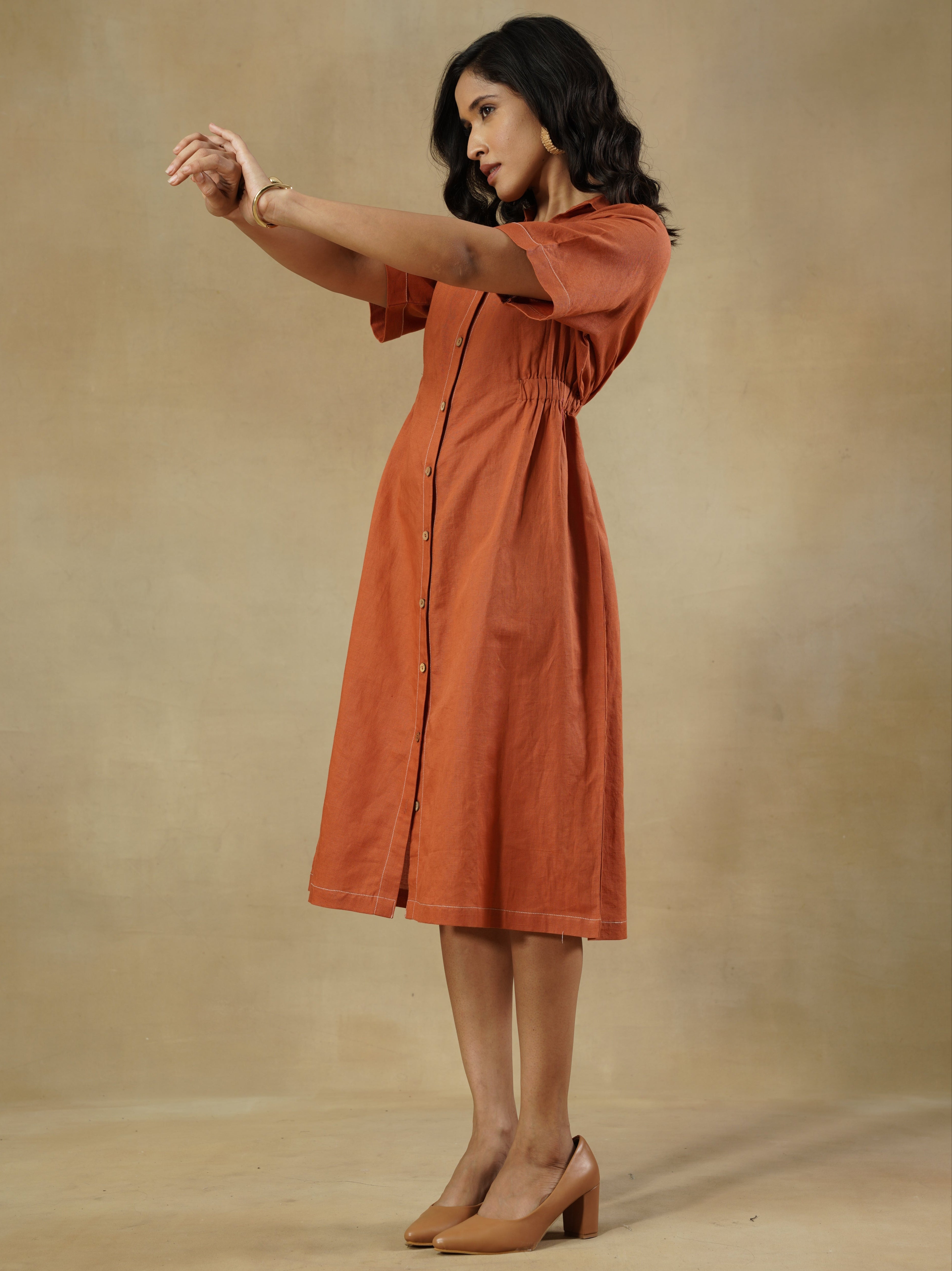 Linen Cotton Shirt Dress with Contrast Stitching