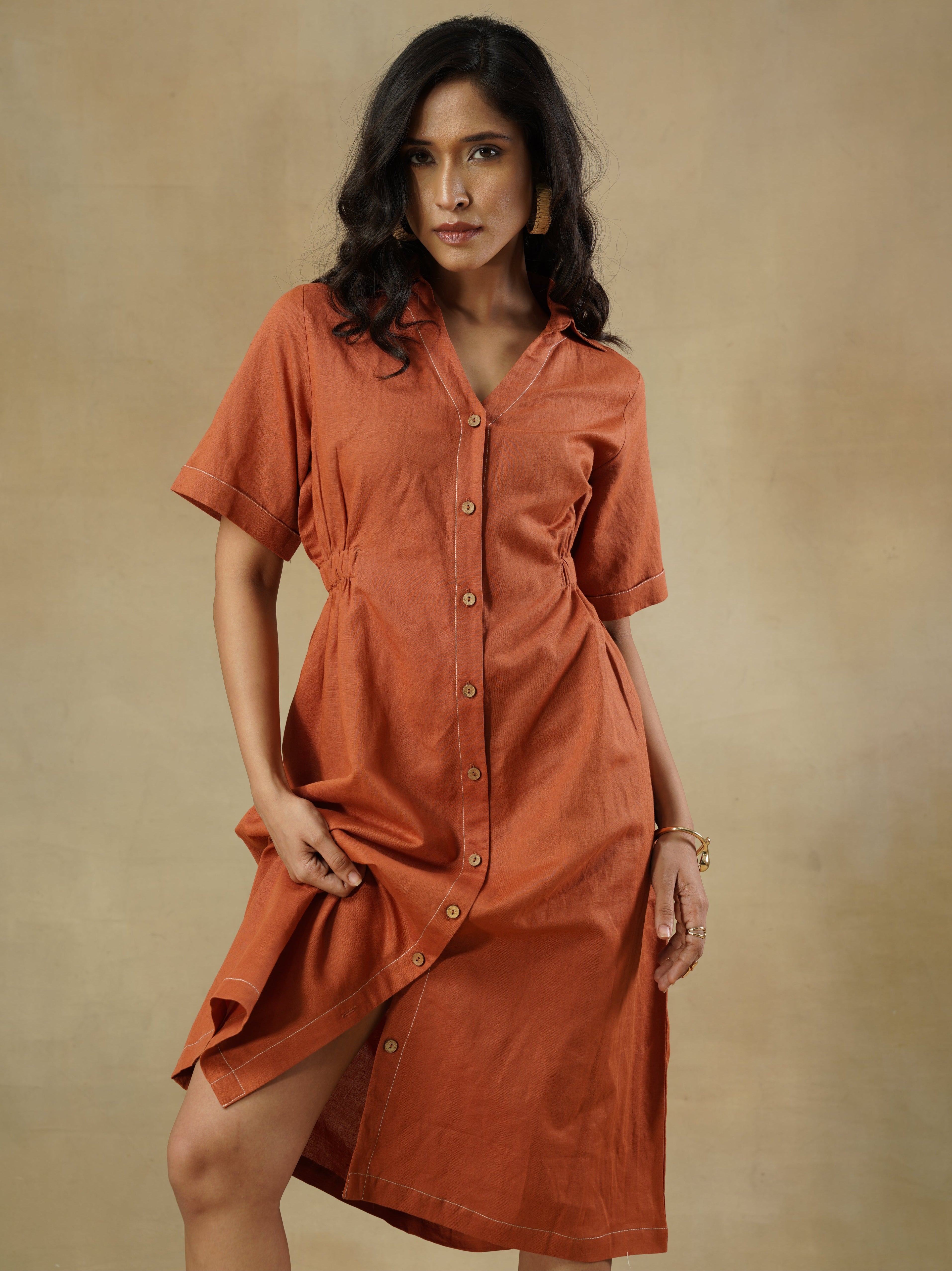 Linen Cotton Shirt Dress with Contrast Stitching