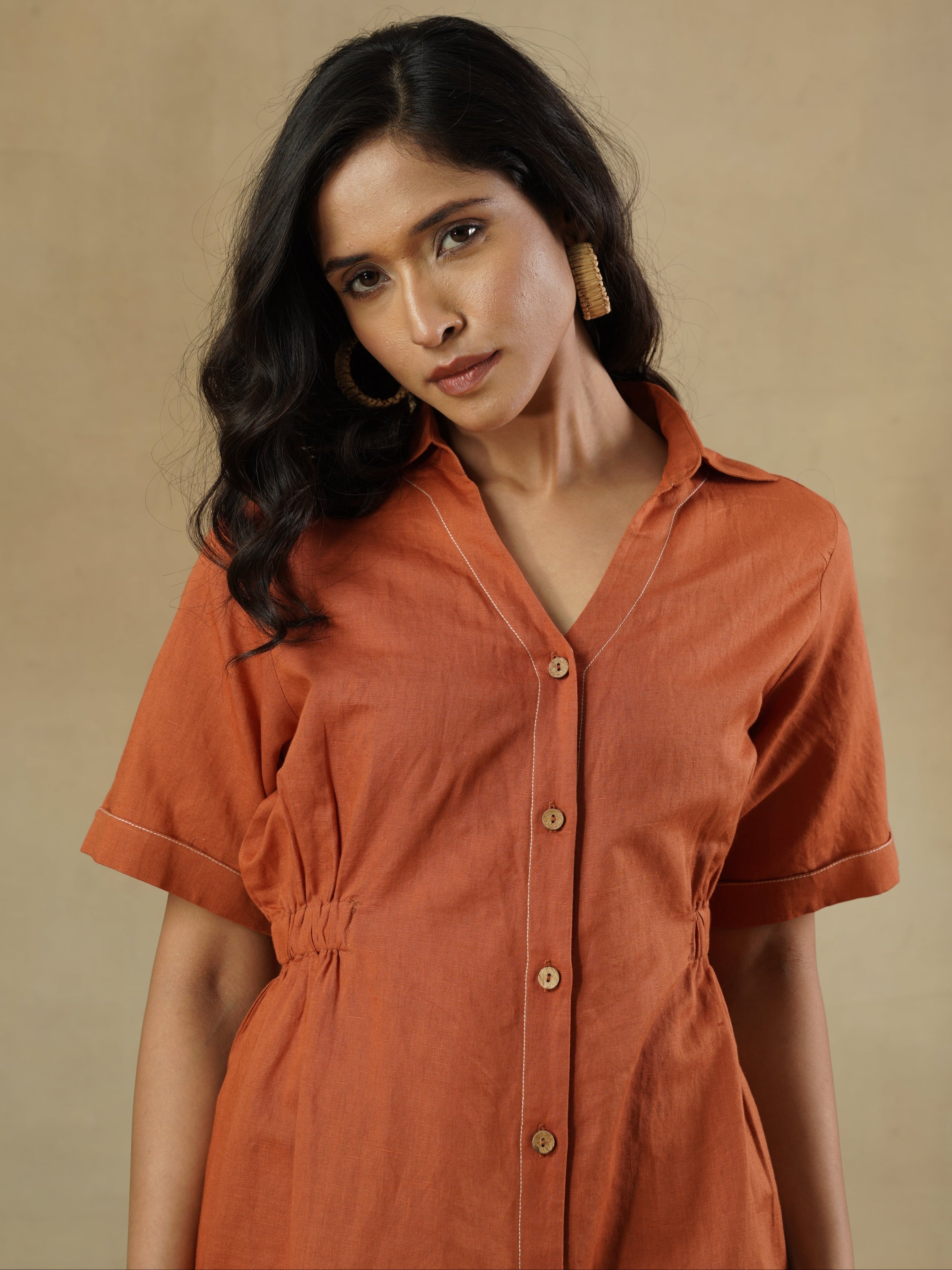 Linen Cotton Shirt Dress with Contrast Stitching