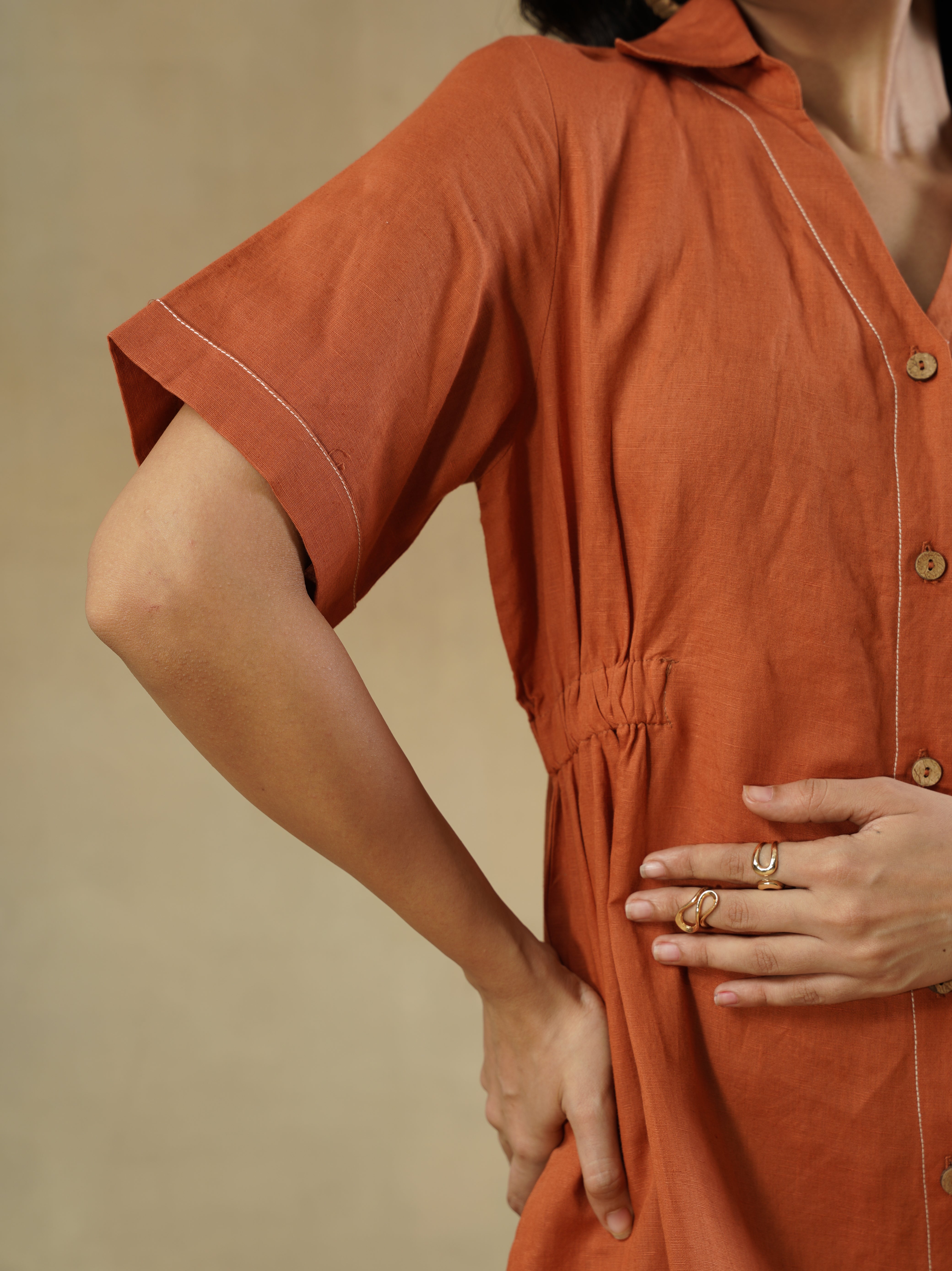 Linen Cotton Shirt Dress with Contrast Stitching
