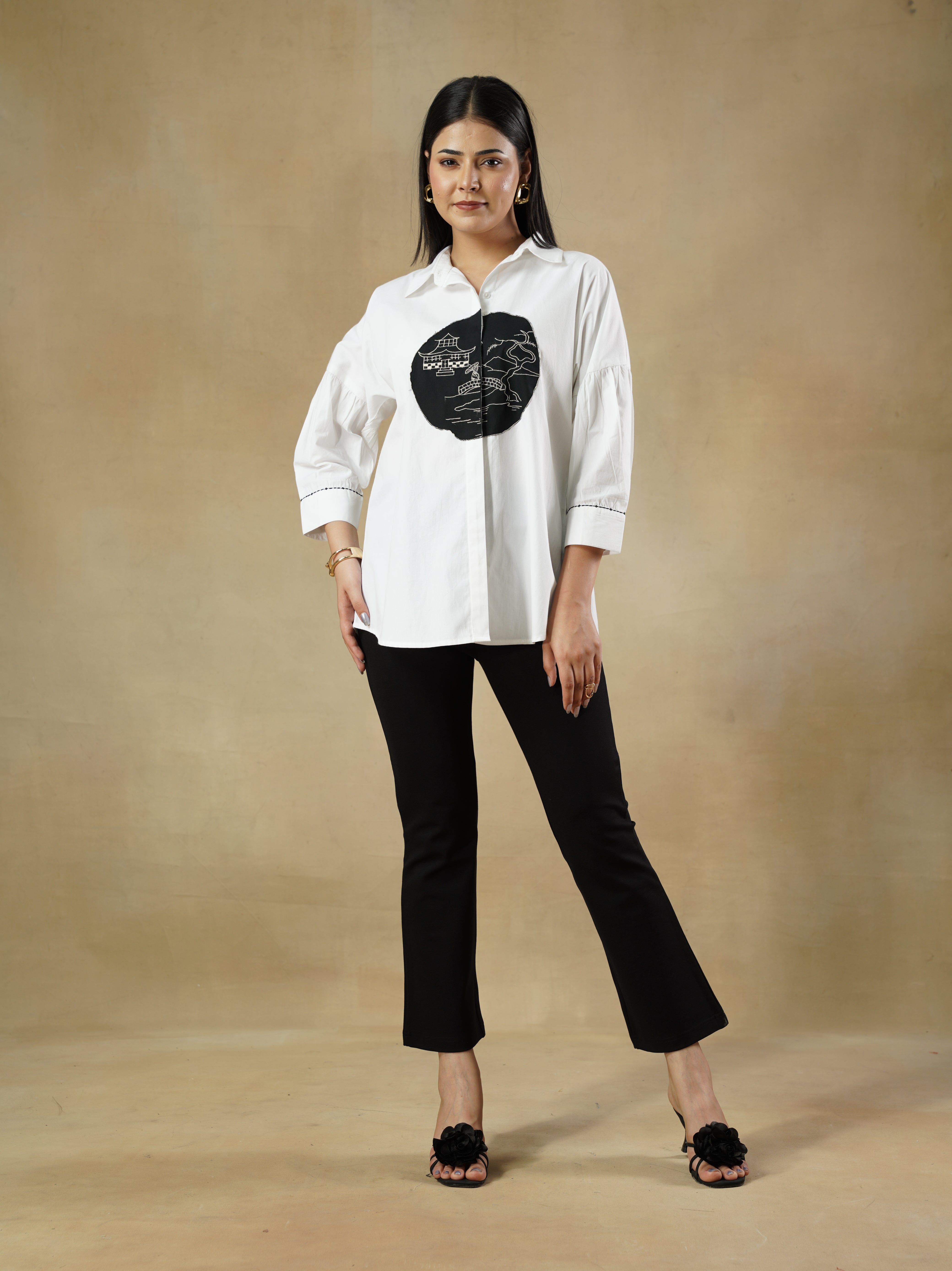 White Crisp Cotton Shirt with Gathered Drop-Shoulder Sleeves