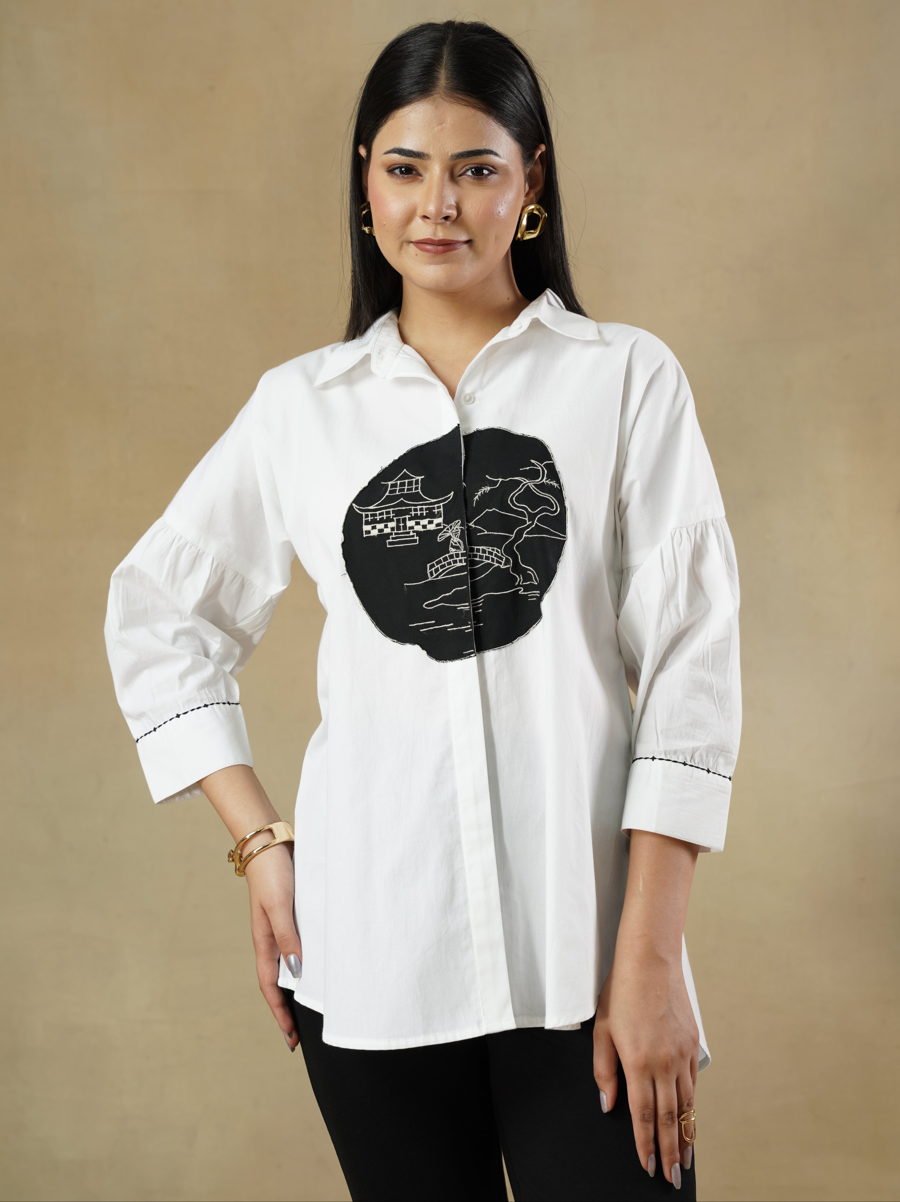 White Crisp Cotton Shirt with Gathered Drop-Shoulder Sleeves