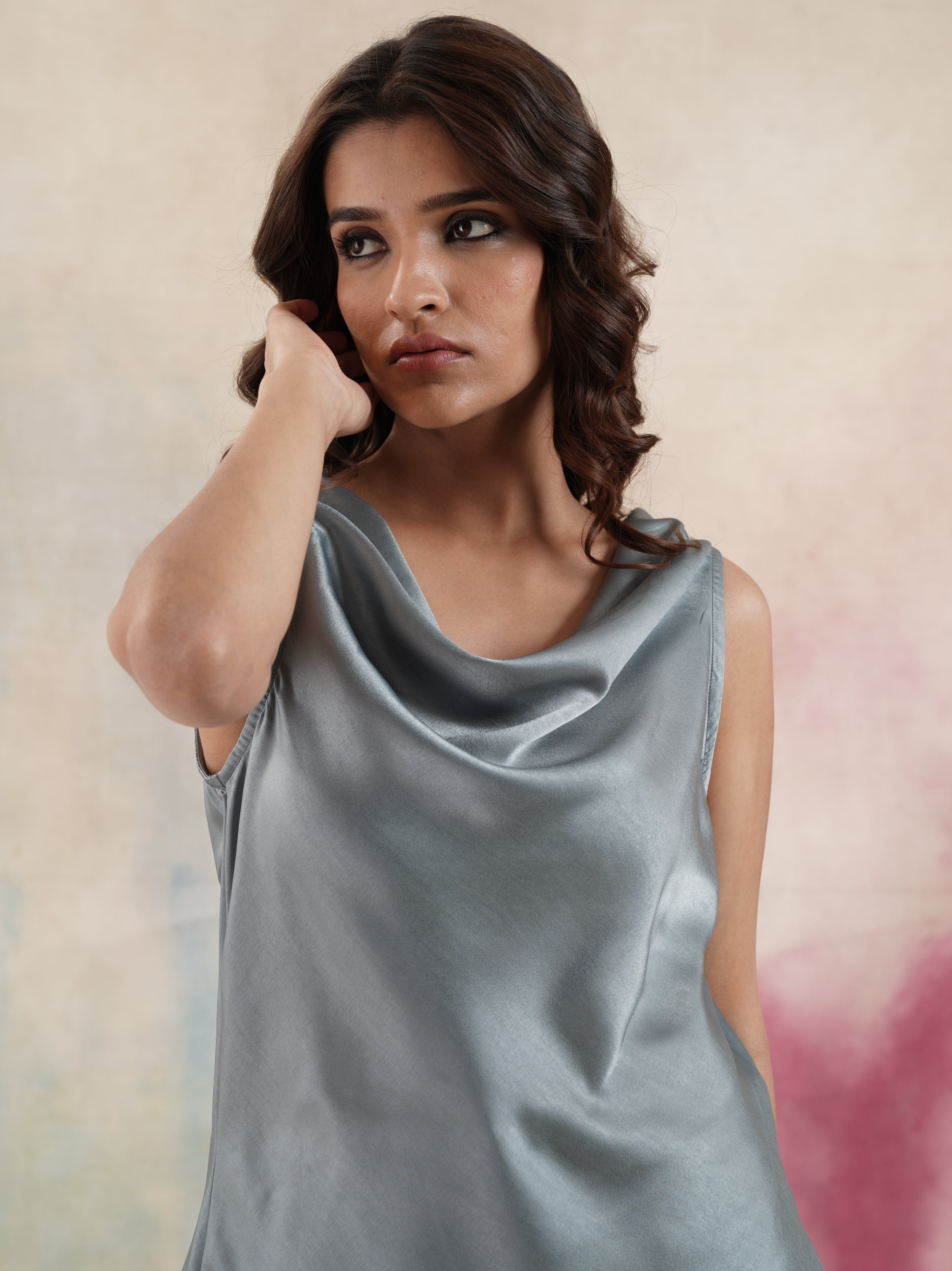 Women's Cowlneck Sleeveless Blue Top