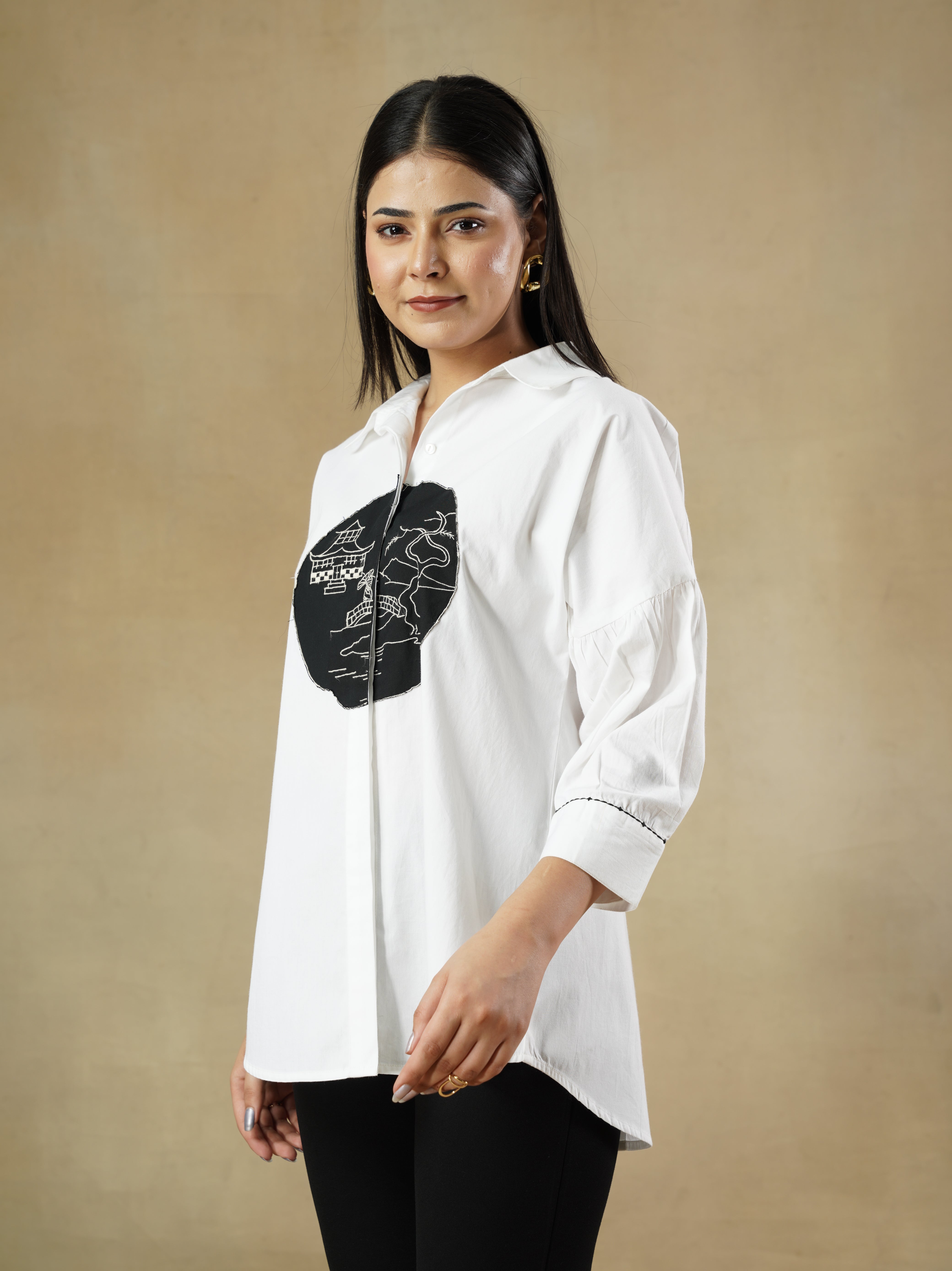 White Crisp Cotton Shirt with Gathered Drop-Shoulder Sleeves