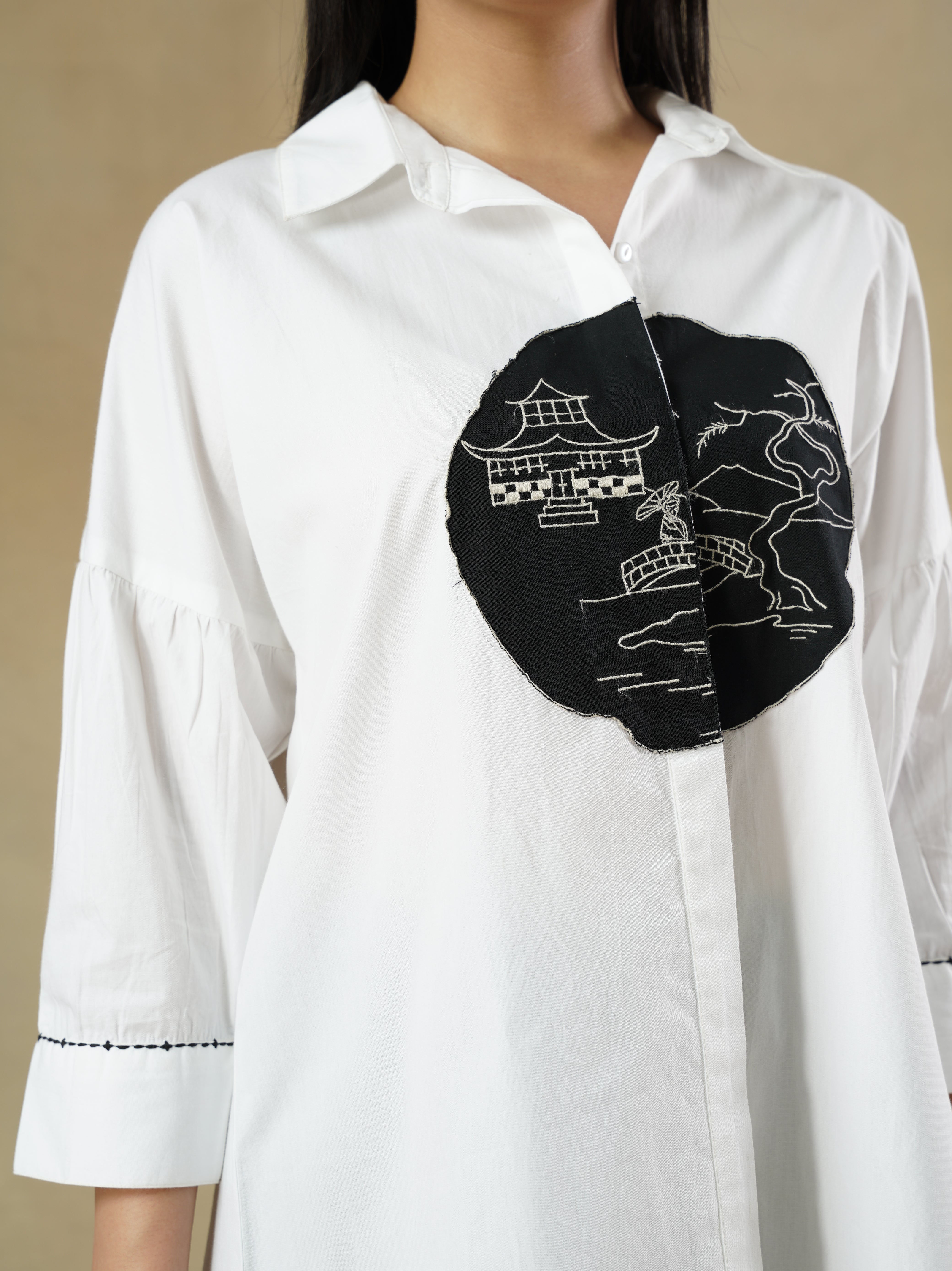 White Crisp Cotton Shirt with Gathered Drop-Shoulder Sleeves