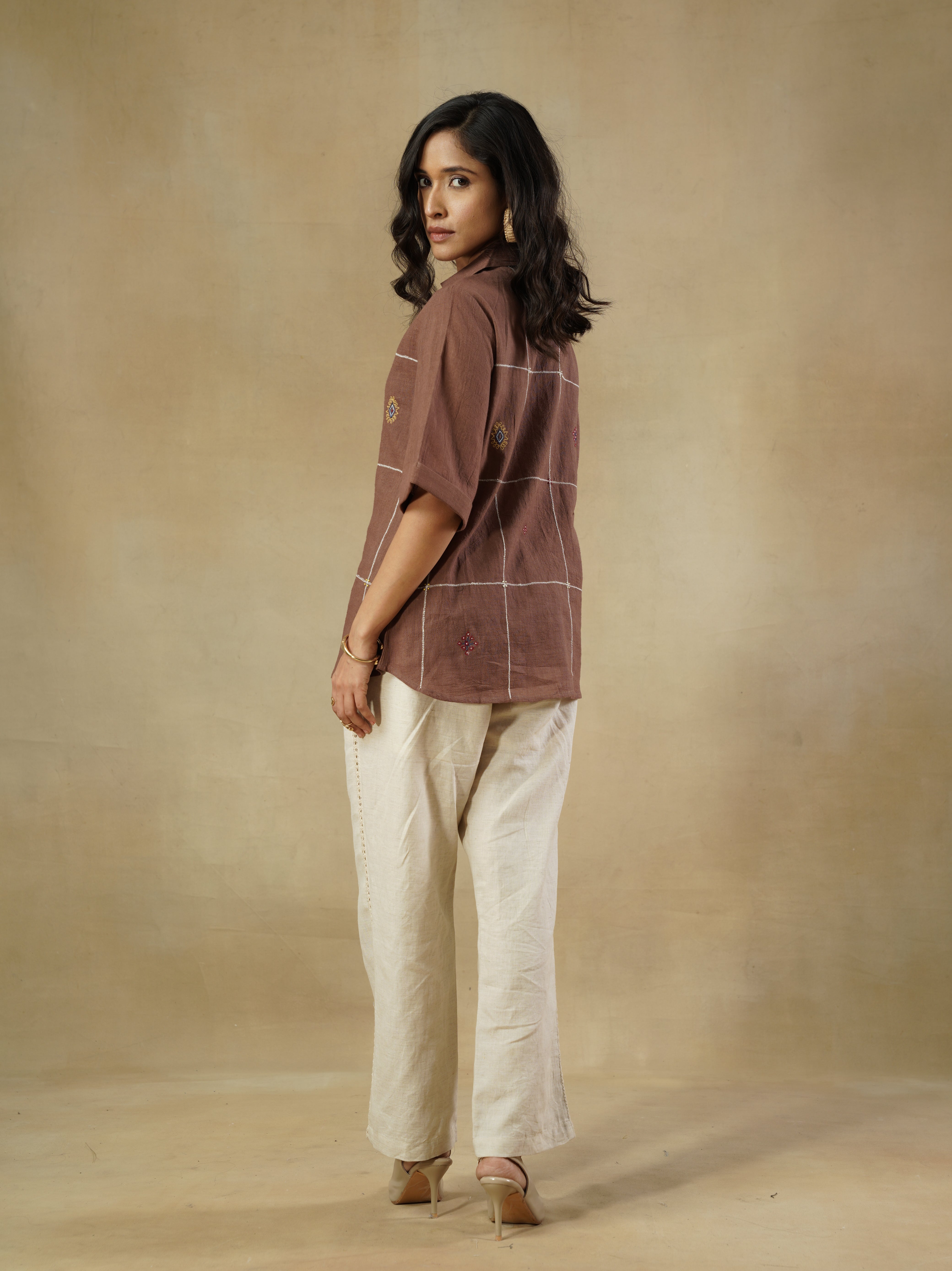 Brown Pure Cotton Embroidered Check Shirt