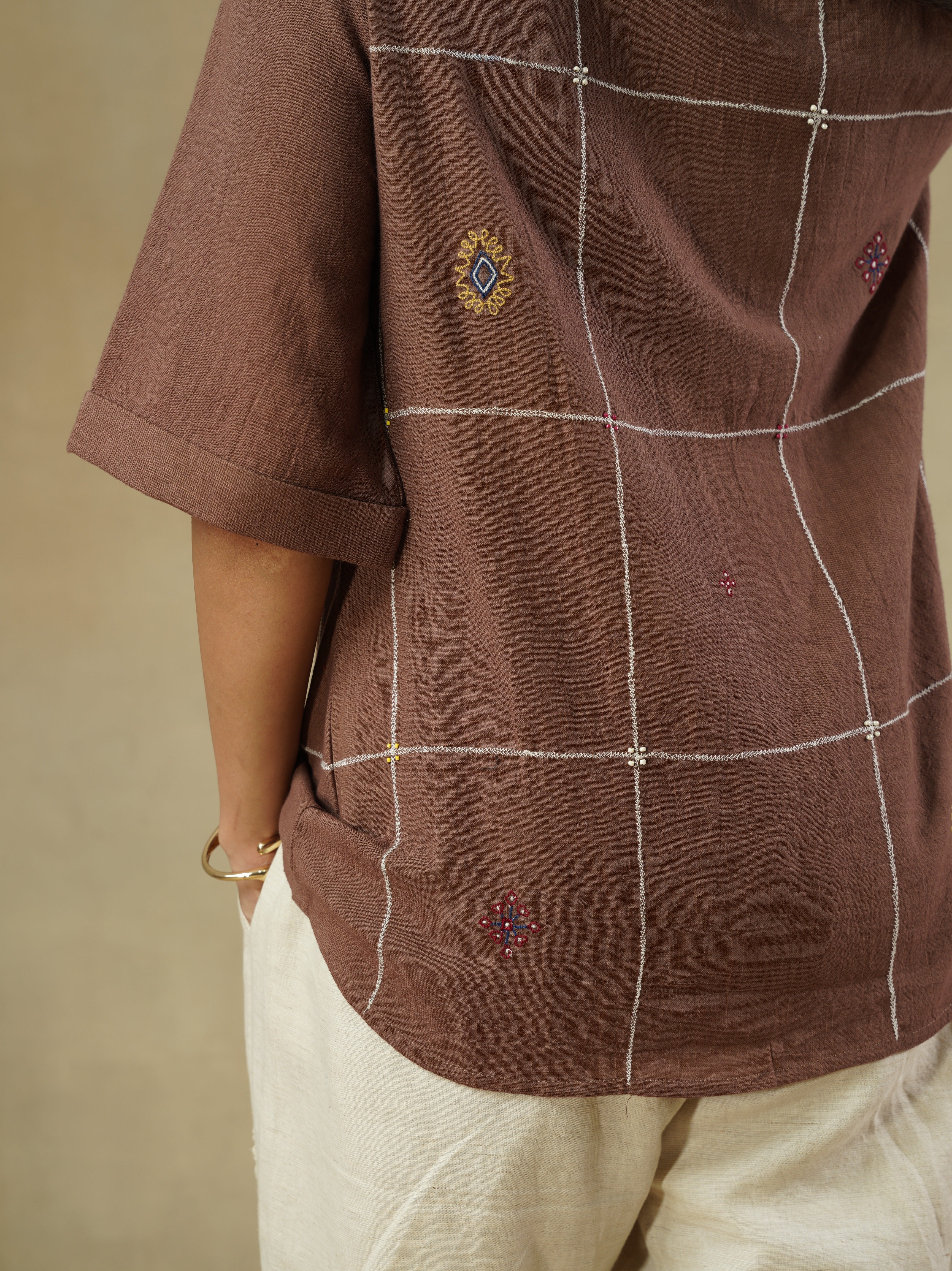 Brown Pure Cotton Embroidered Check Shirt