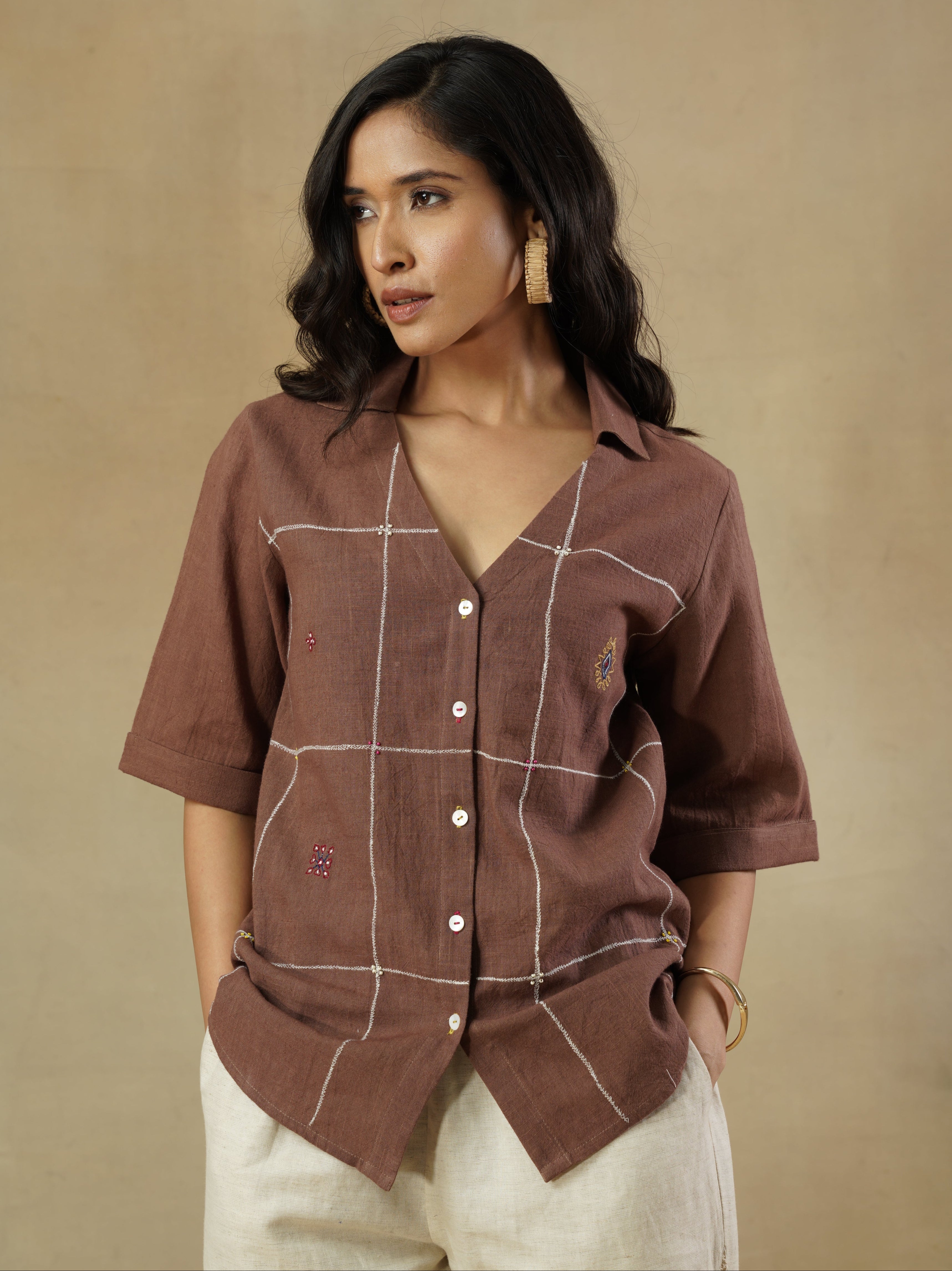 Brown Pure Cotton Embroidered Check Shirt