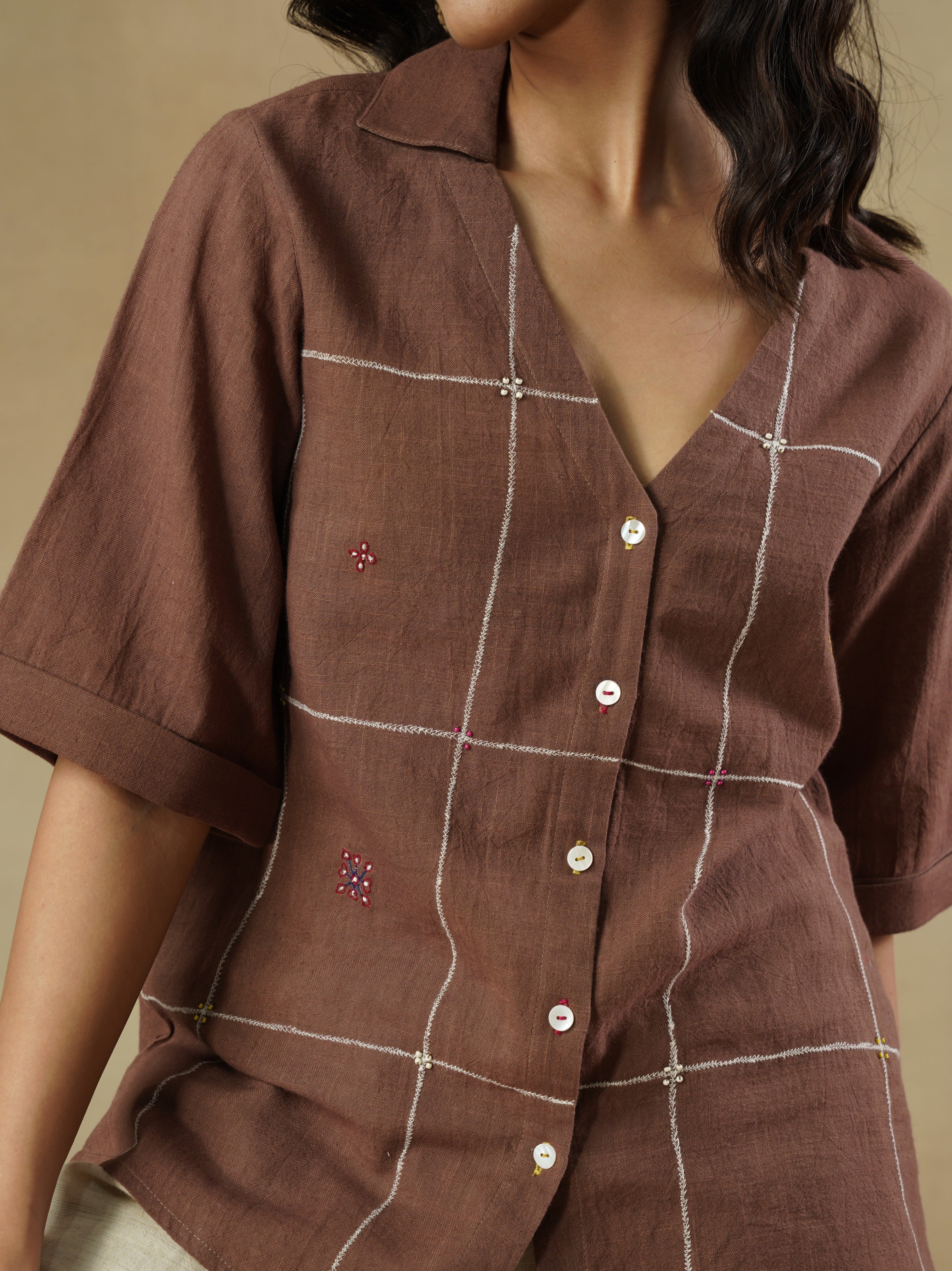 Brown Pure Cotton Embroidered Check Shirt