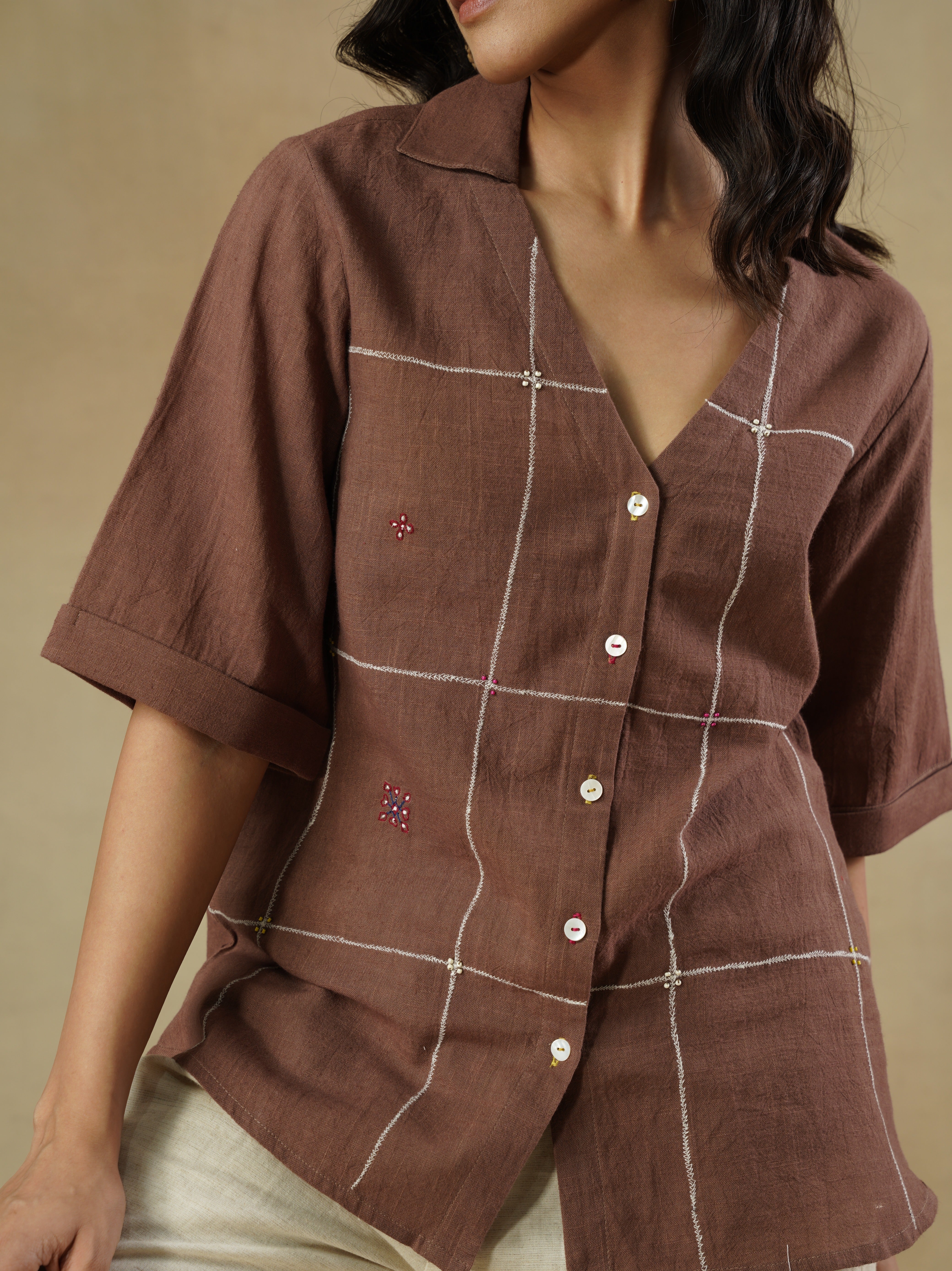 Brown Pure Cotton Embroidered Check Shirt
