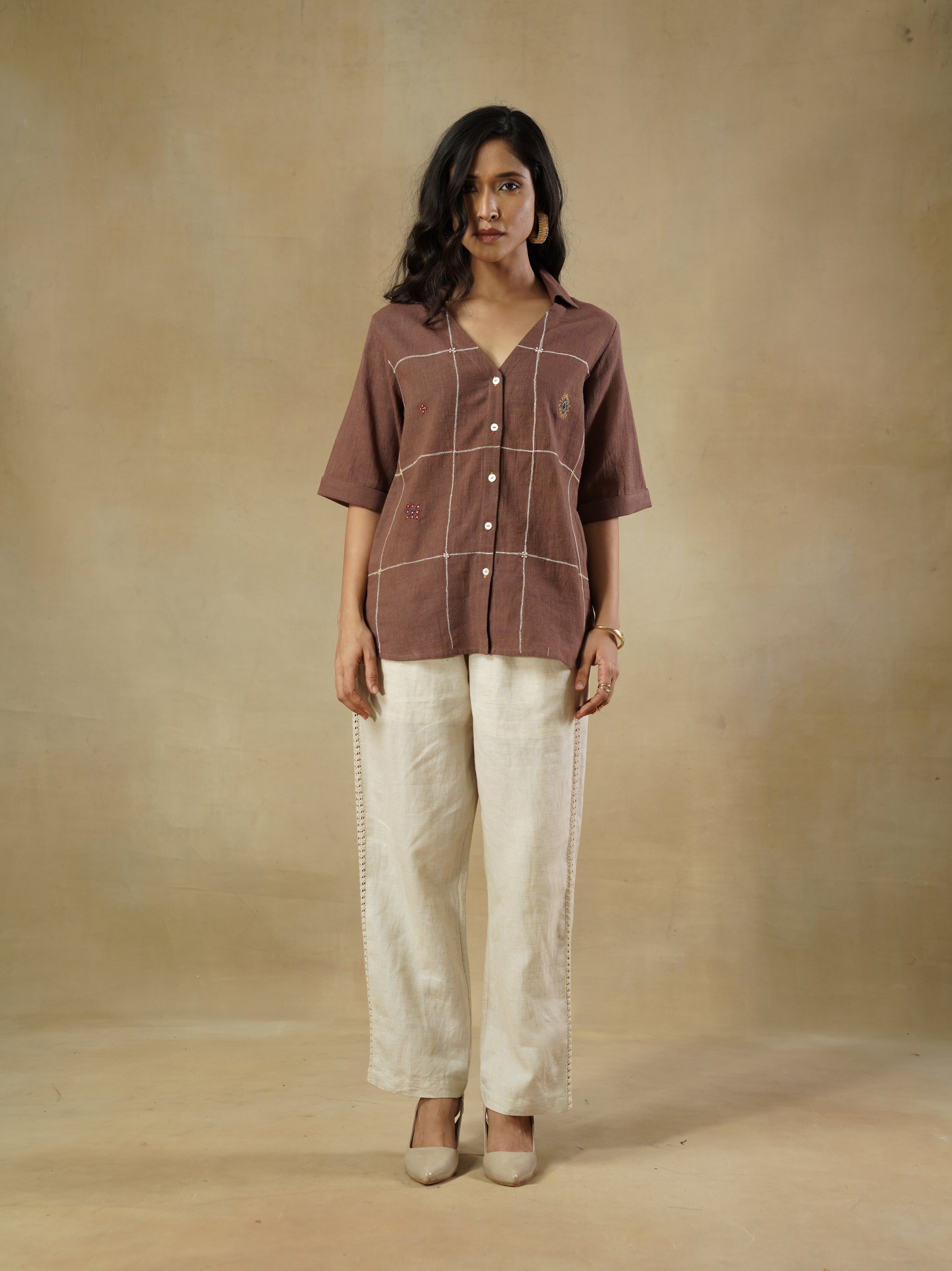 Brown Pure Cotton Embroidered Check Shirt