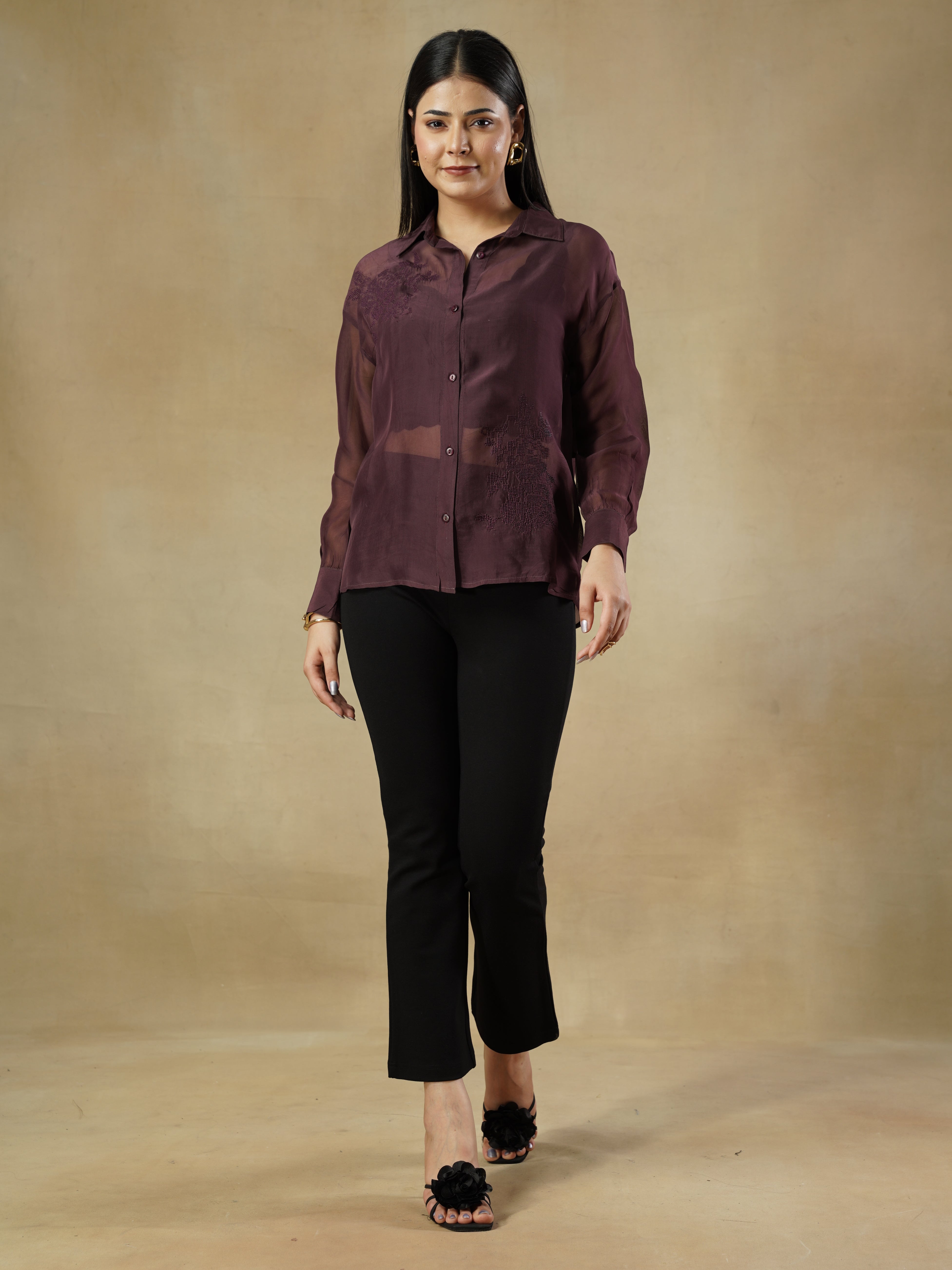 Wine Organza Embroidered Shirt with Full Sleeves – Kristen