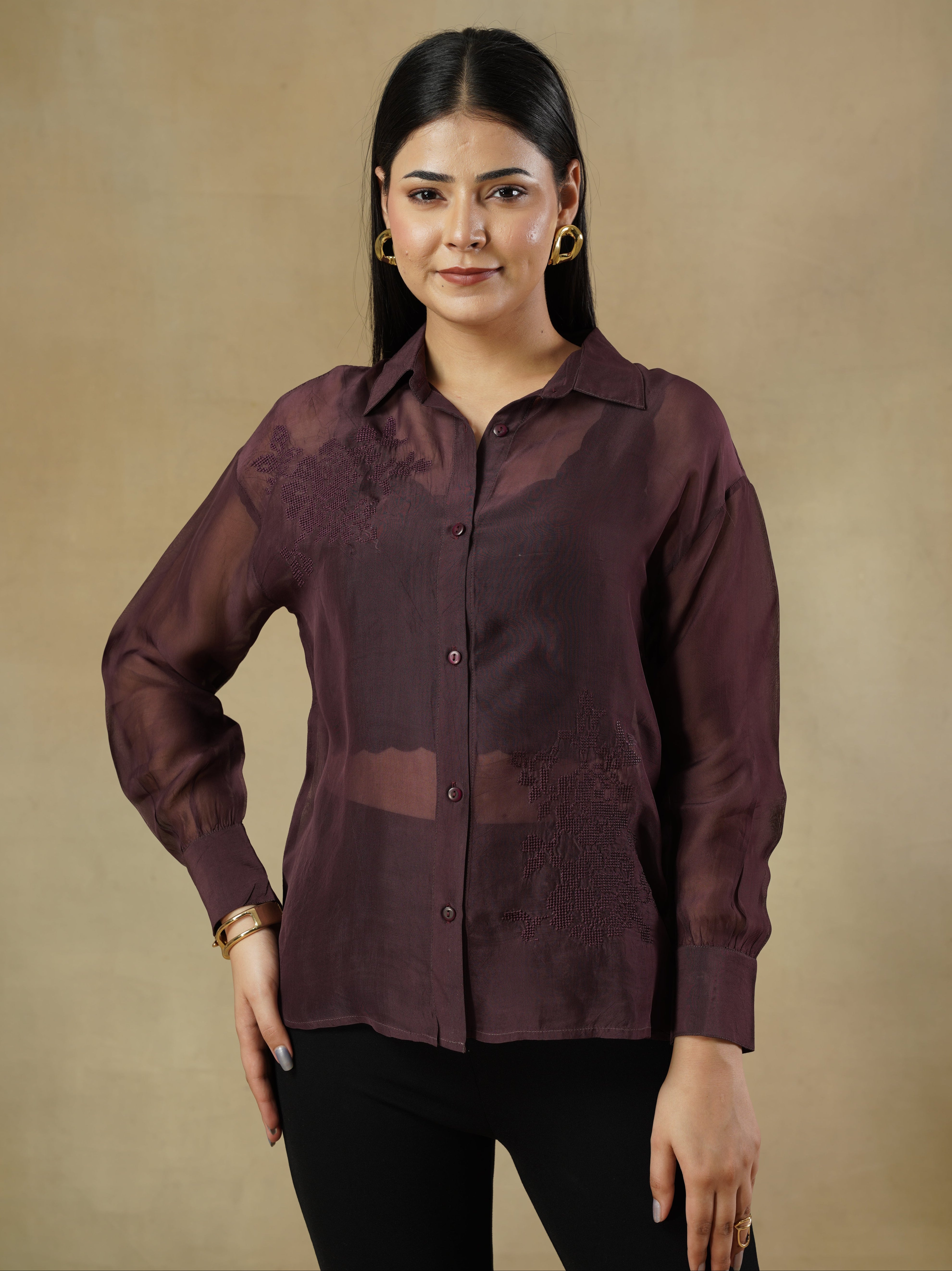 Wine Organza Embroidered Shirt with Full Sleeves – Kristen