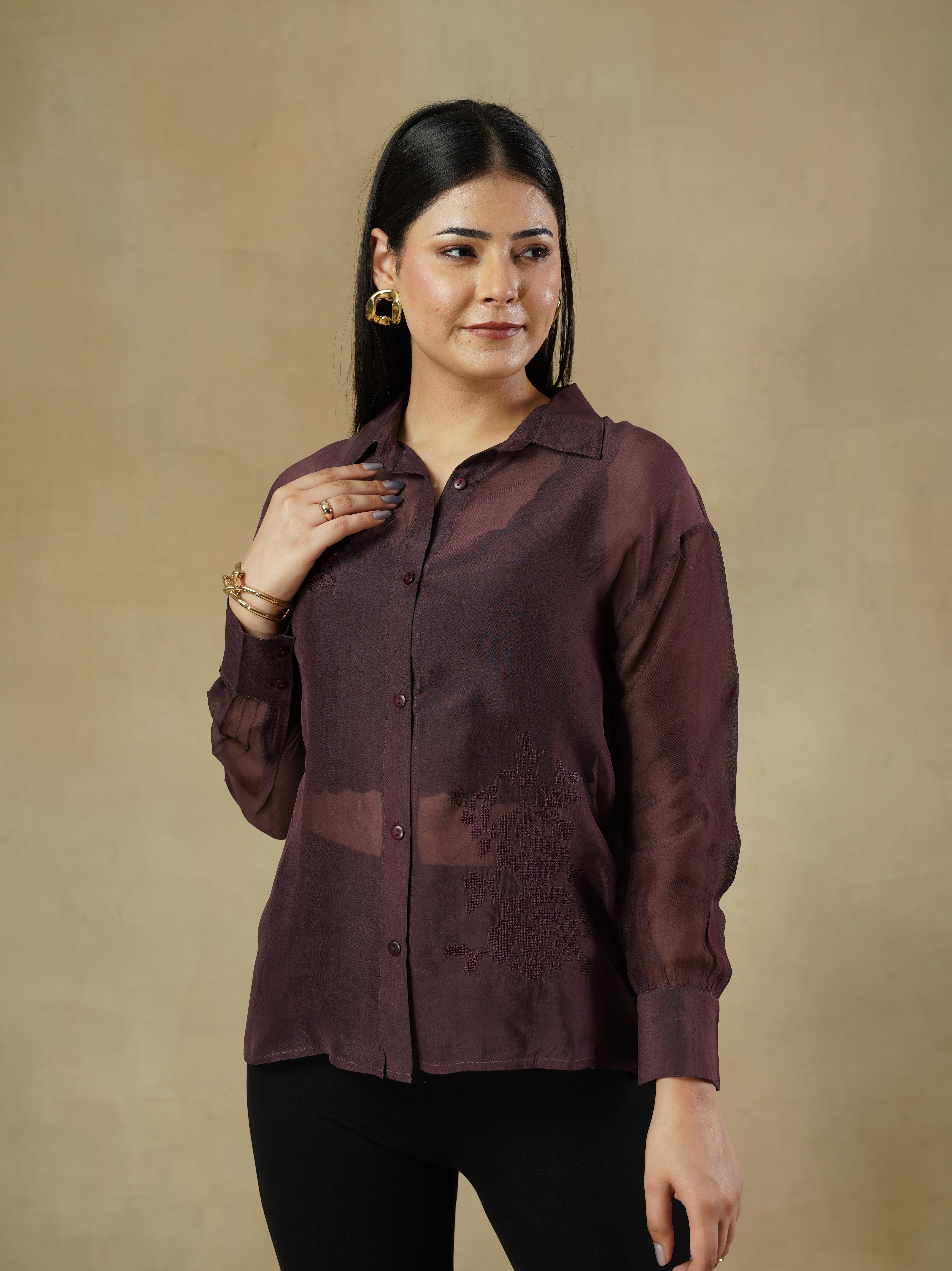 Wine Organza Embroidered Shirt with Full Sleeves – Kristen