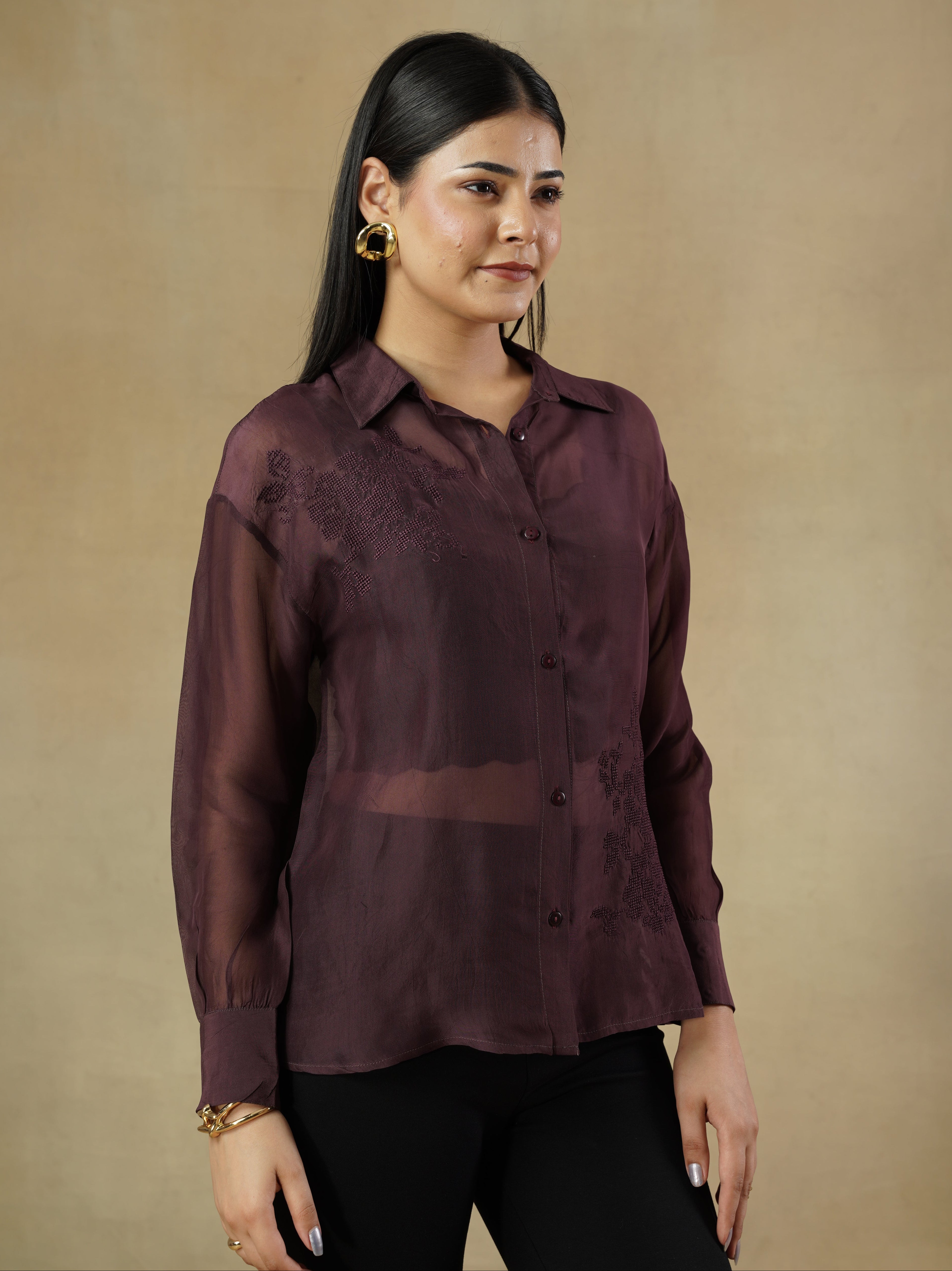 Wine Organza Embroidered Shirt with Full Sleeves – Kristen