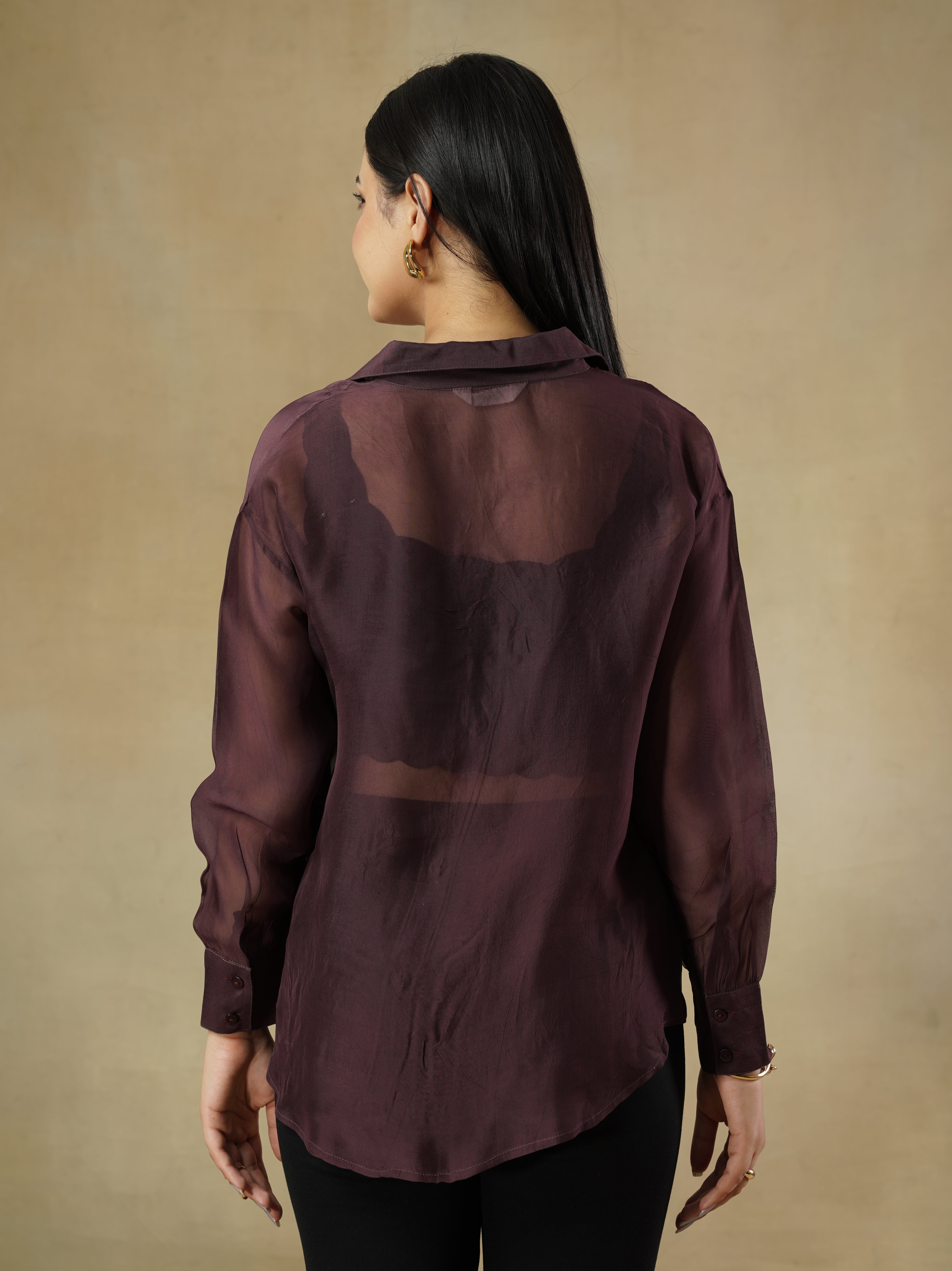 Wine Organza Embroidered Shirt with Full Sleeves – Kristen