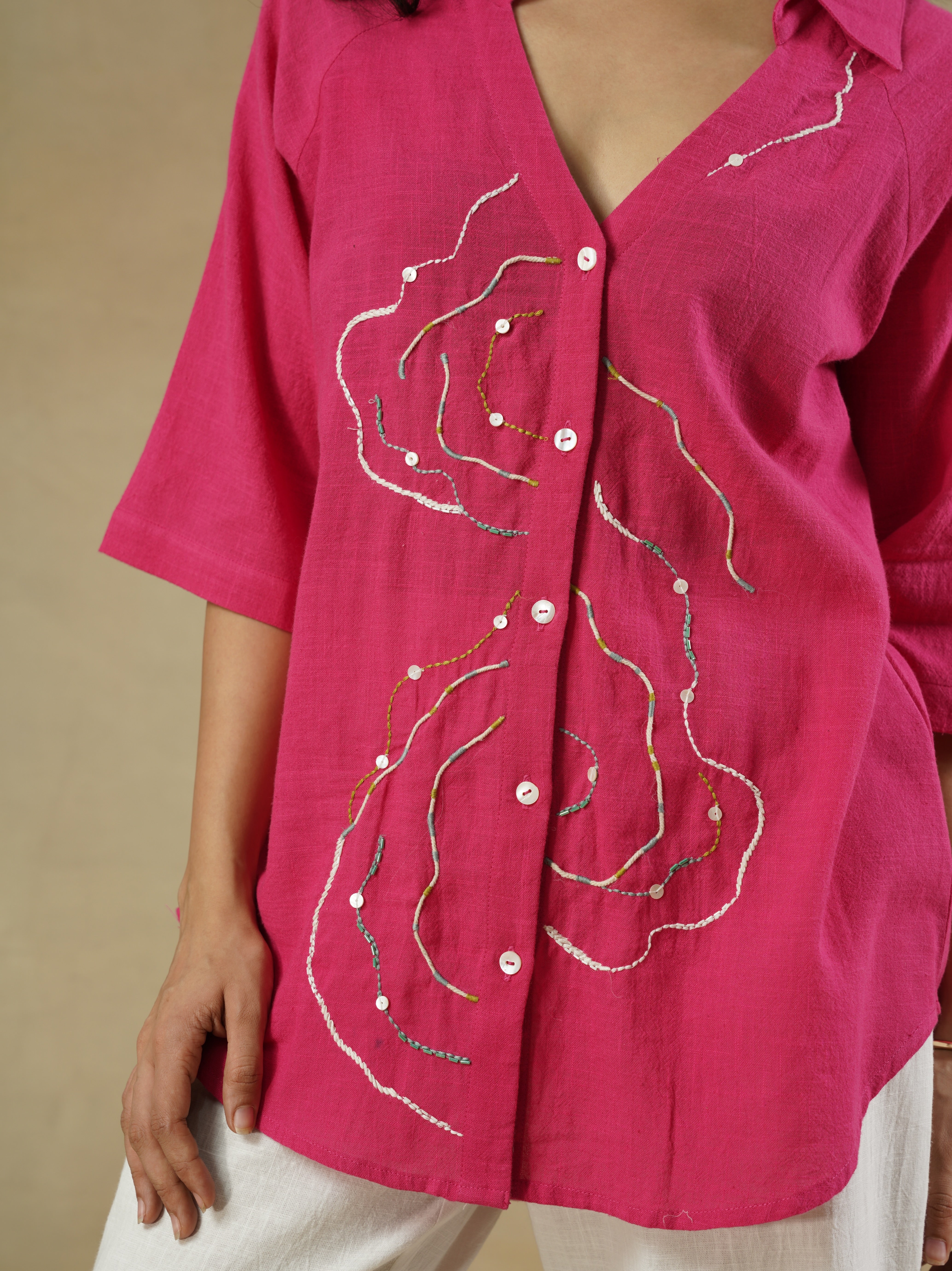 Fuchsia Embroidered Cotton Shirt