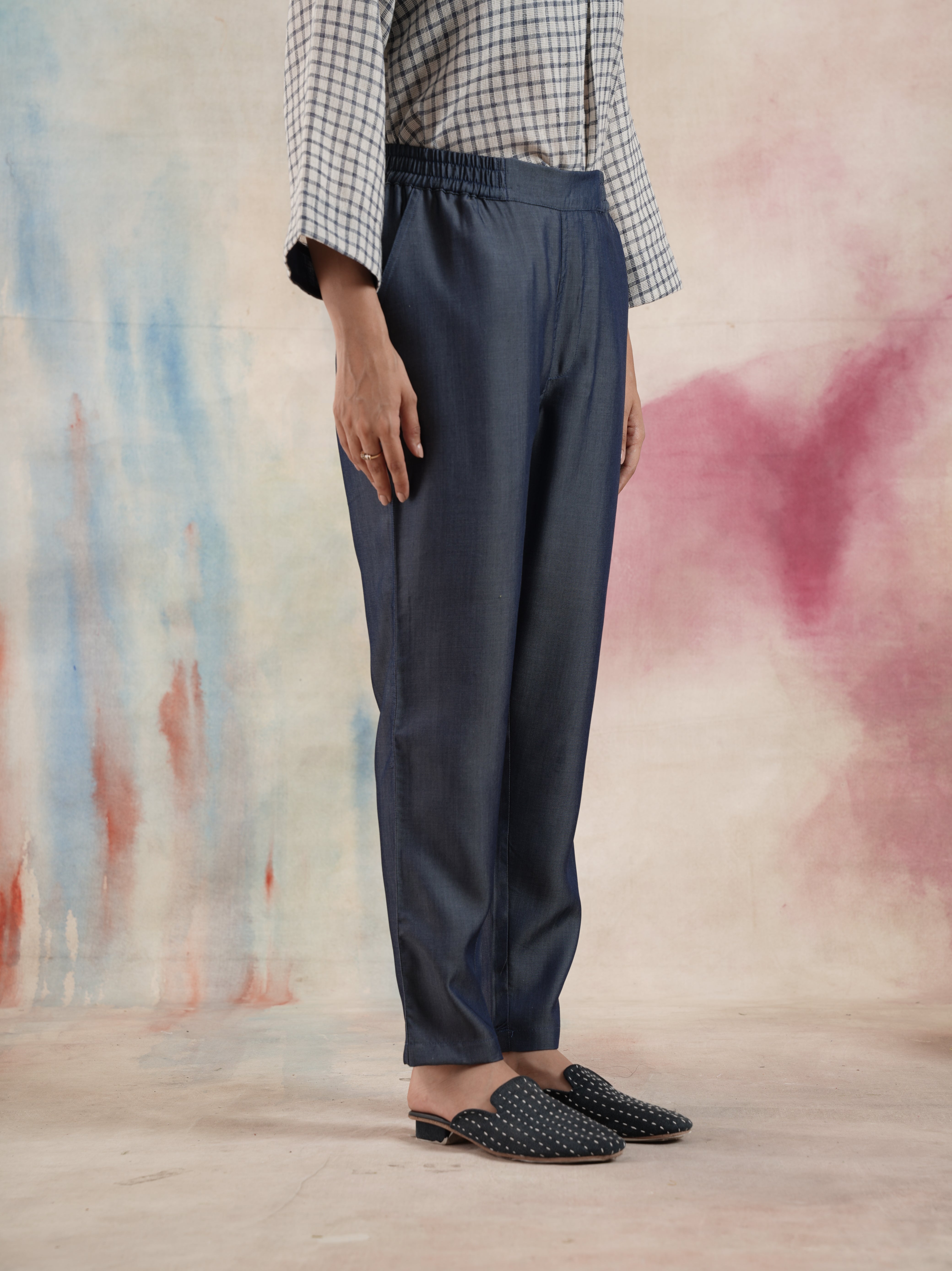 Women's Blue Elasticated Tencel Pants