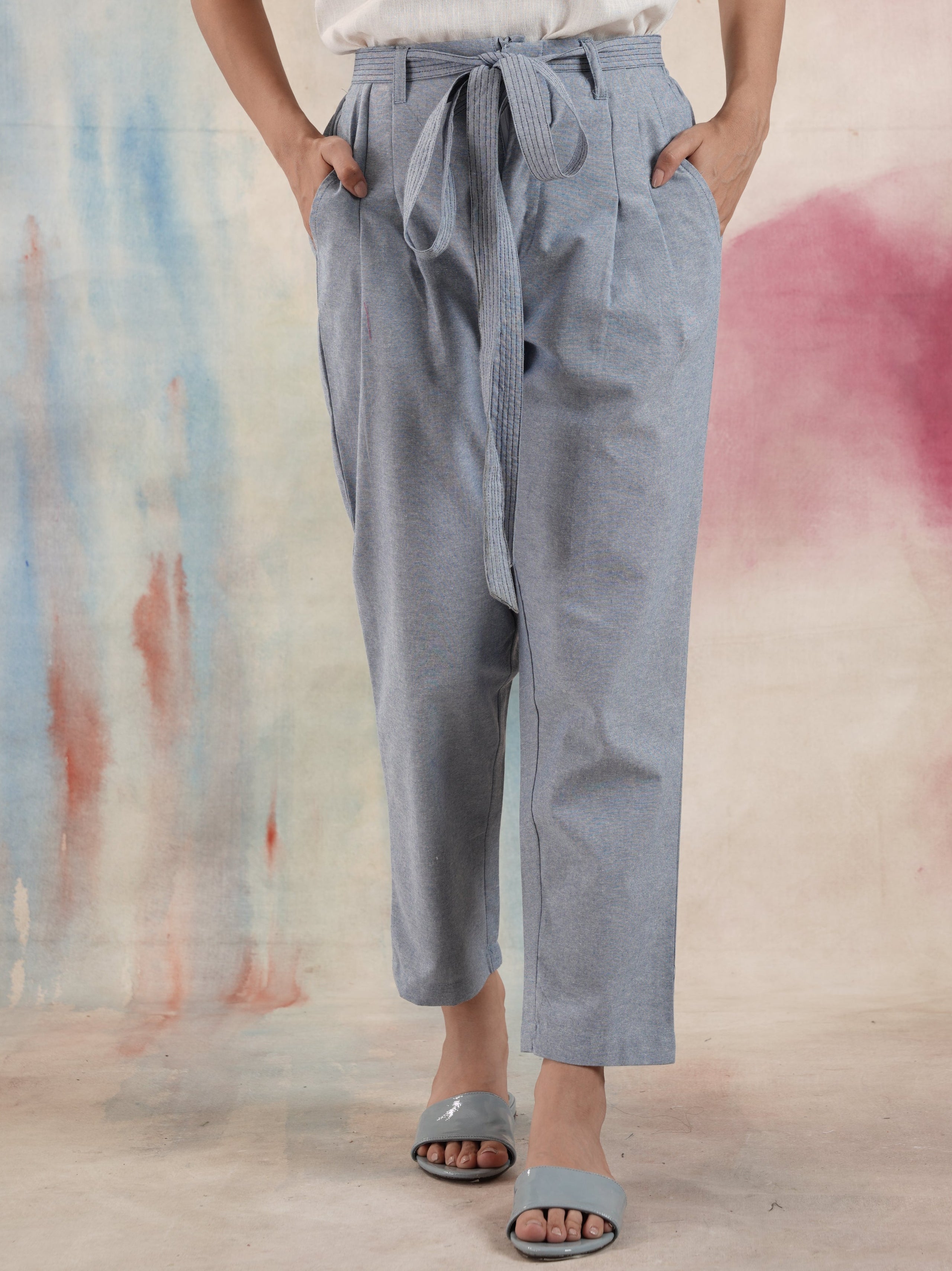 Women's Blue Chambray Pleated Pants
