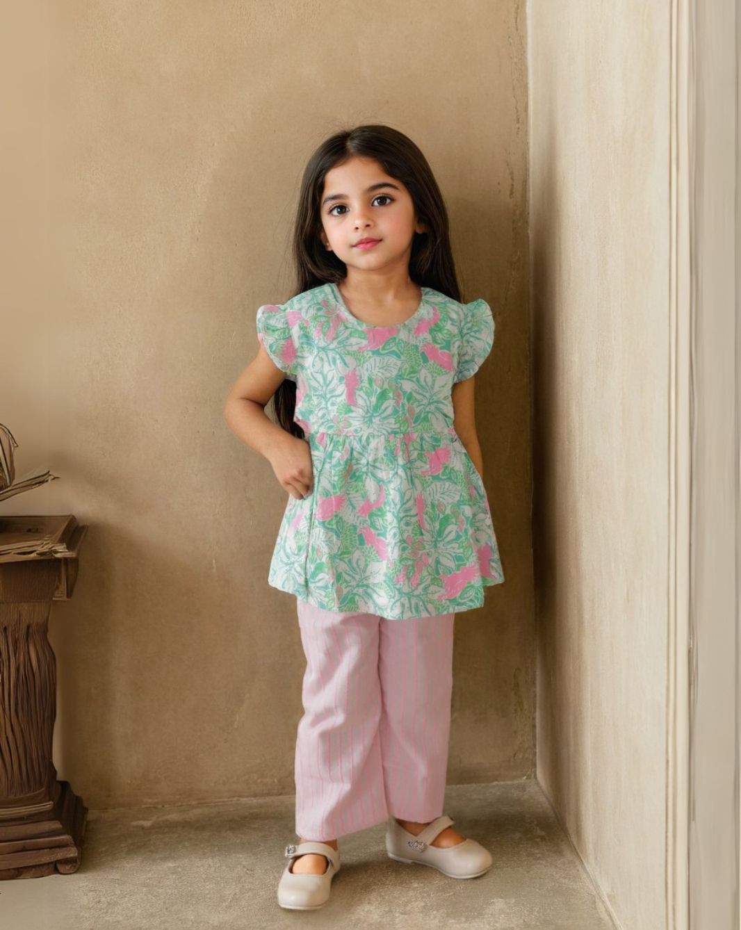 Girl's Green Ethnic Sleeveless Kurta Set