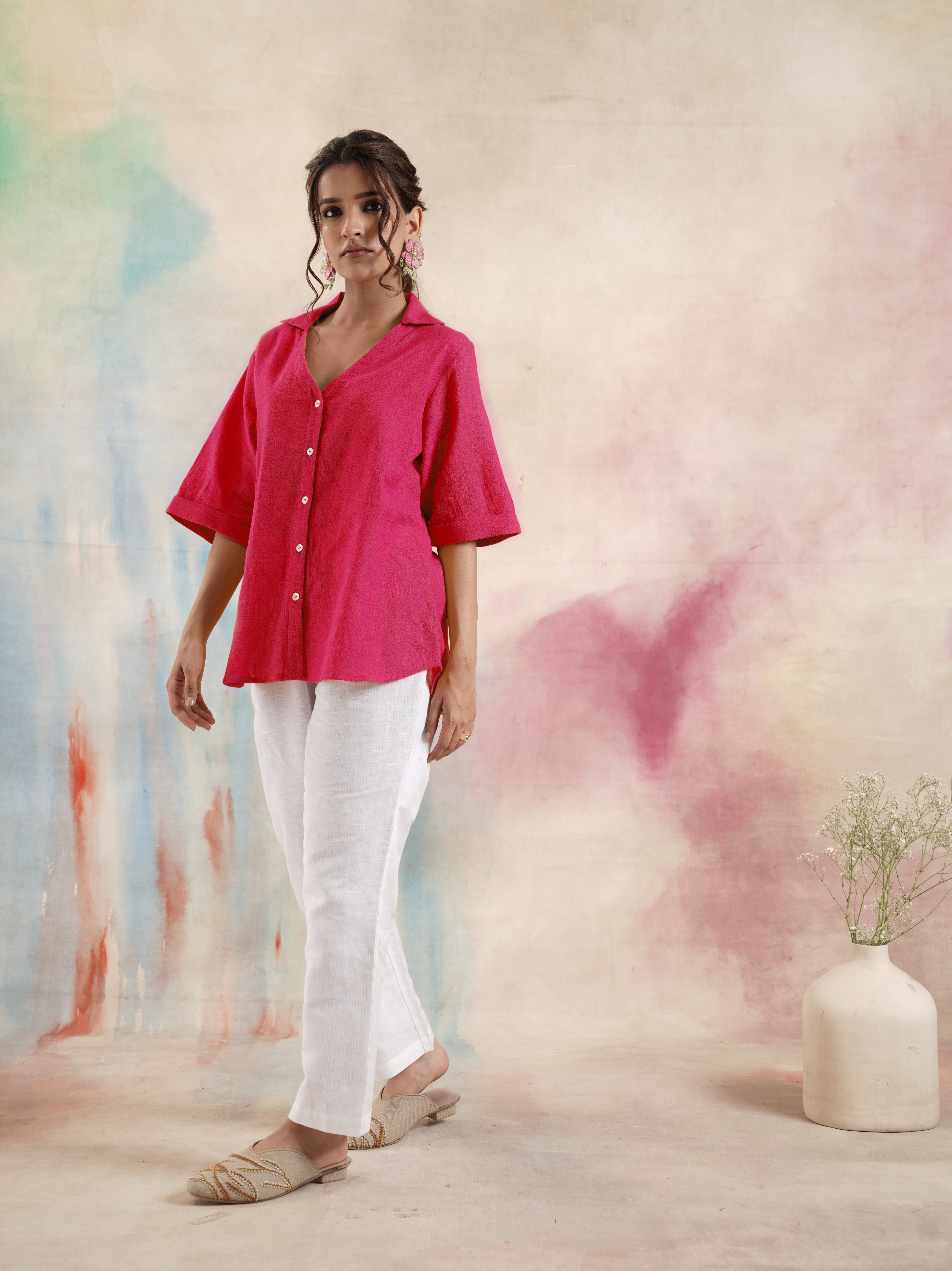 Fuchsia Collared Cotton Shirt with Bird Embroidery
