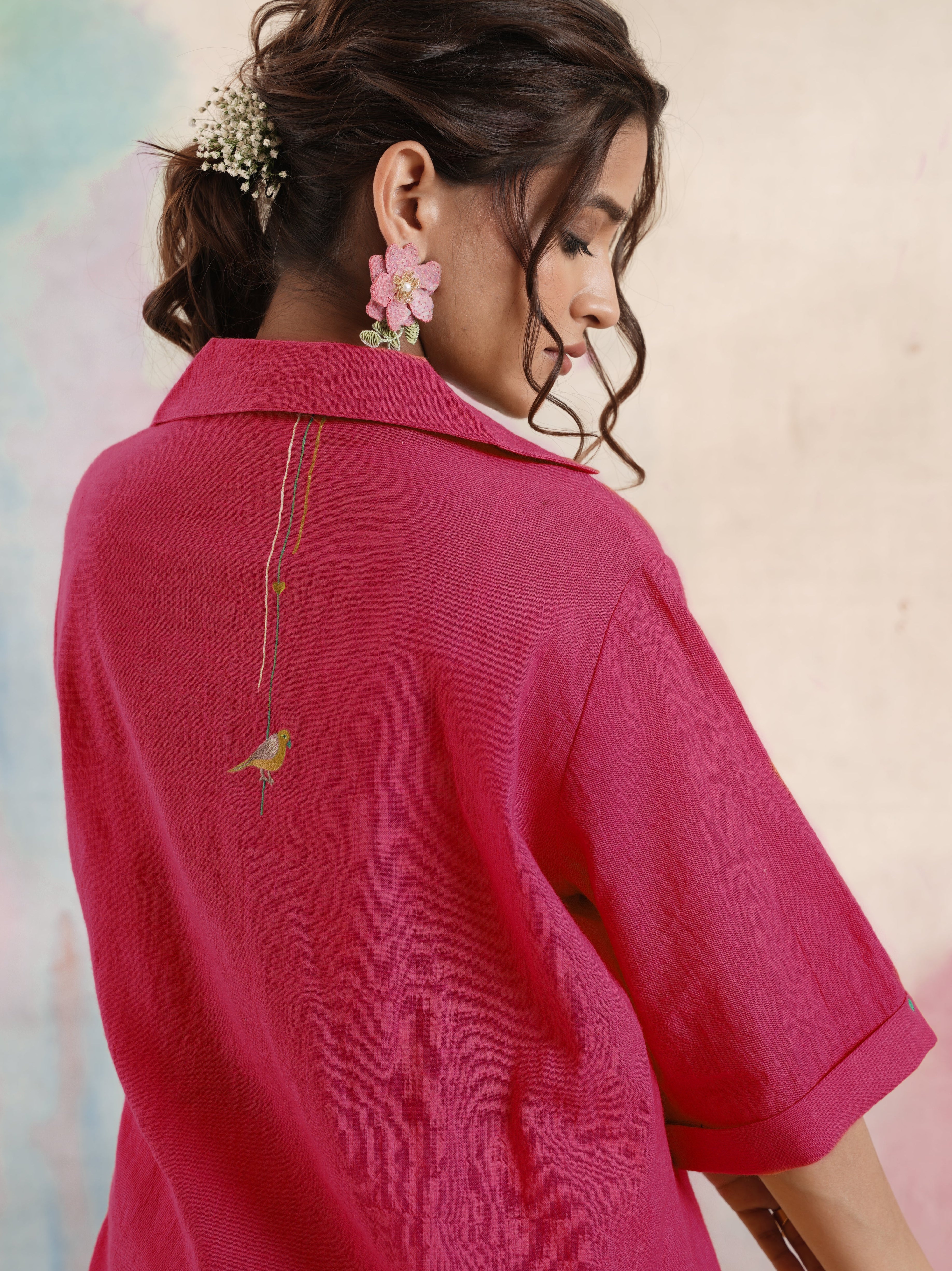 Fuchsia Collared Cotton Shirt with Bird Embroidery