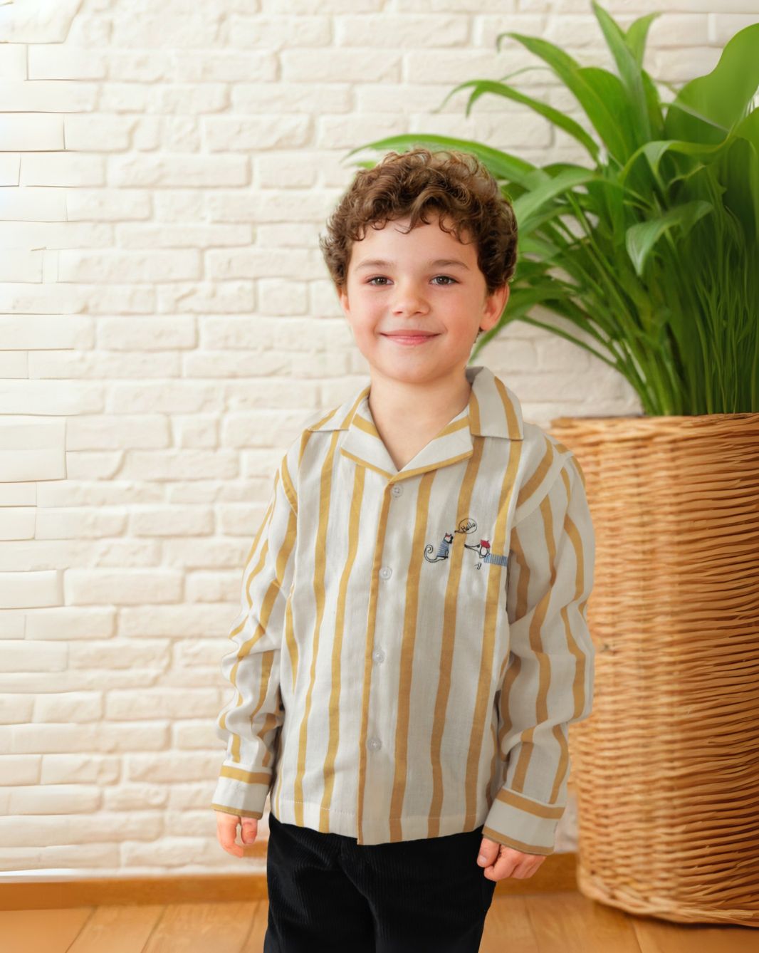 Boy's Yellow Embroidered Yarn Dyed Shirt