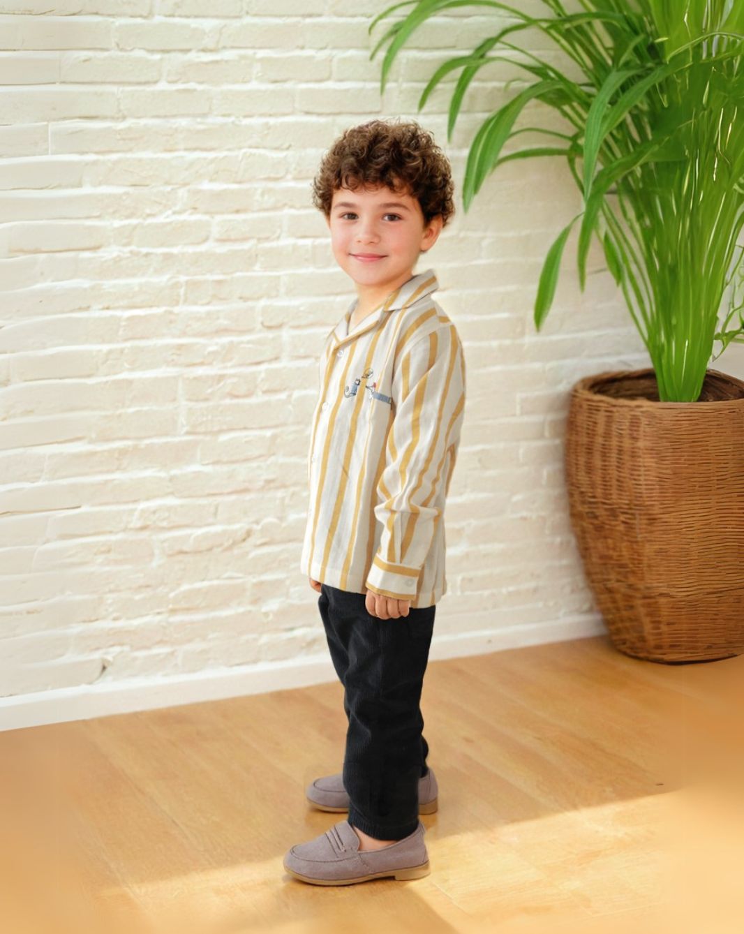 Boy's Yellow Embroidered Yarn Dyed Shirt