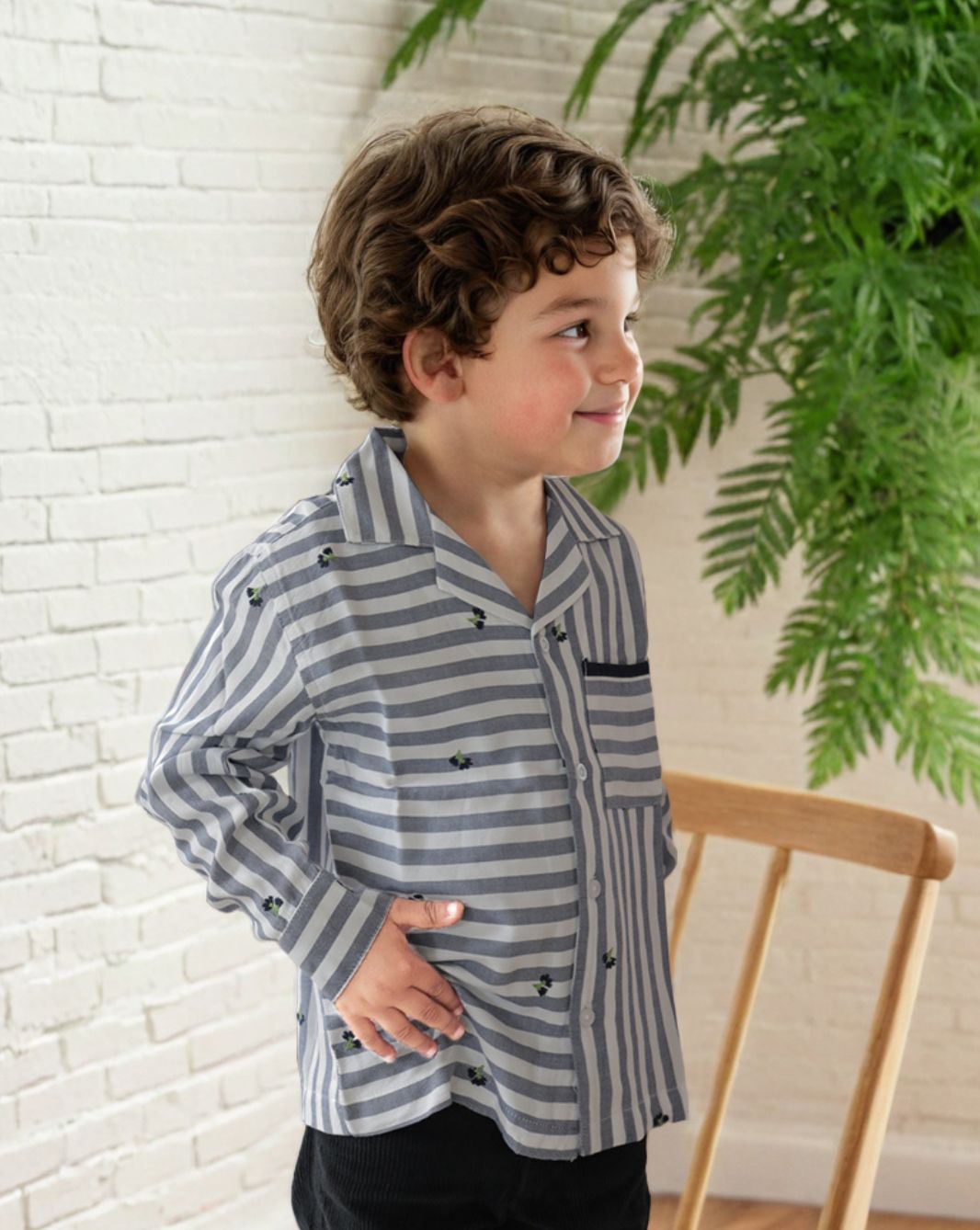 Boy's Blue Embroidered Yarn Dyed Shirt