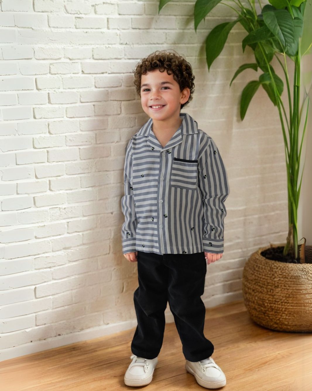 Boy's Blue Embroidered Yarn Dyed Shirt