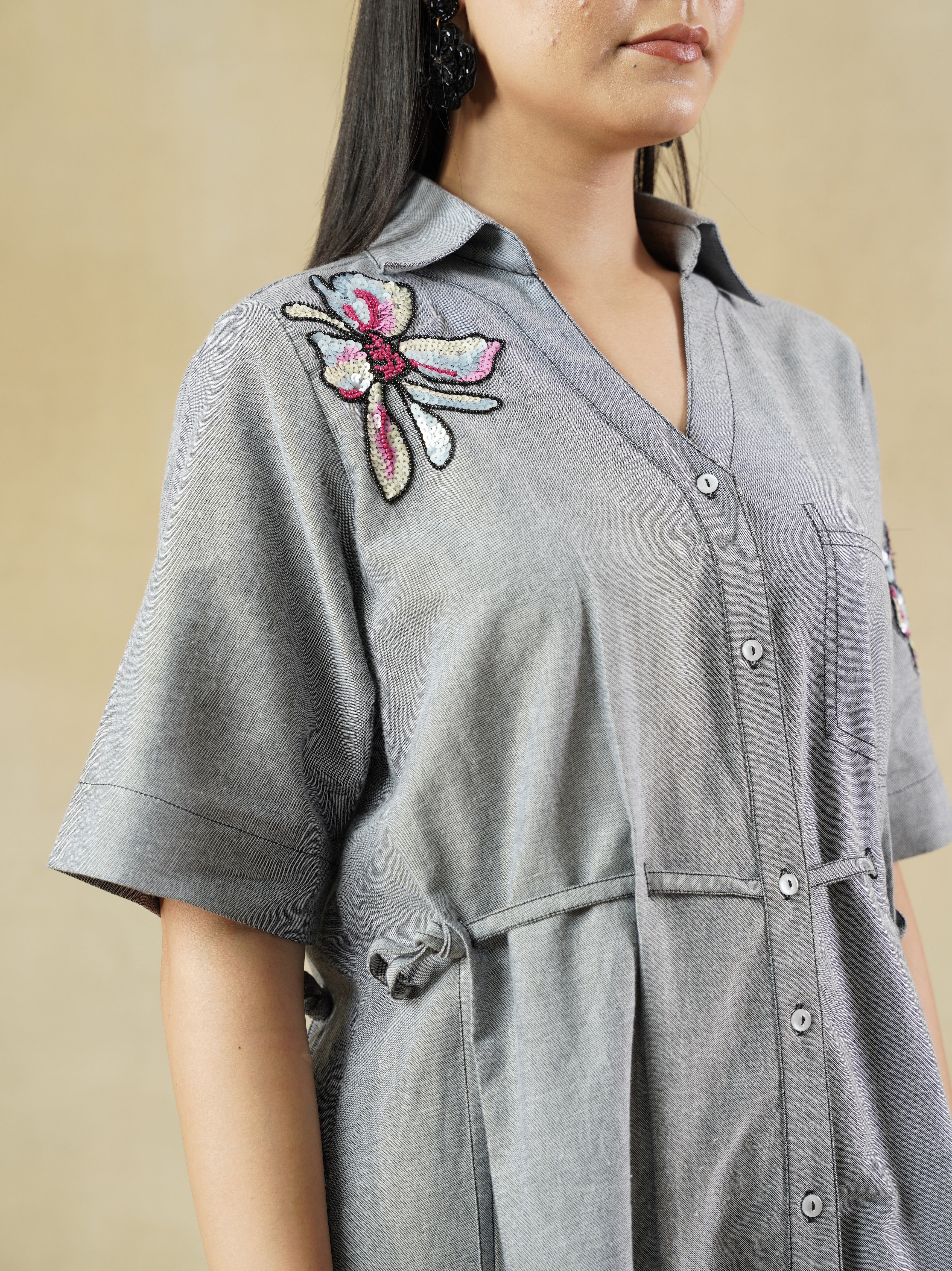 Hand-Embroidered Chambray Shirt Dress