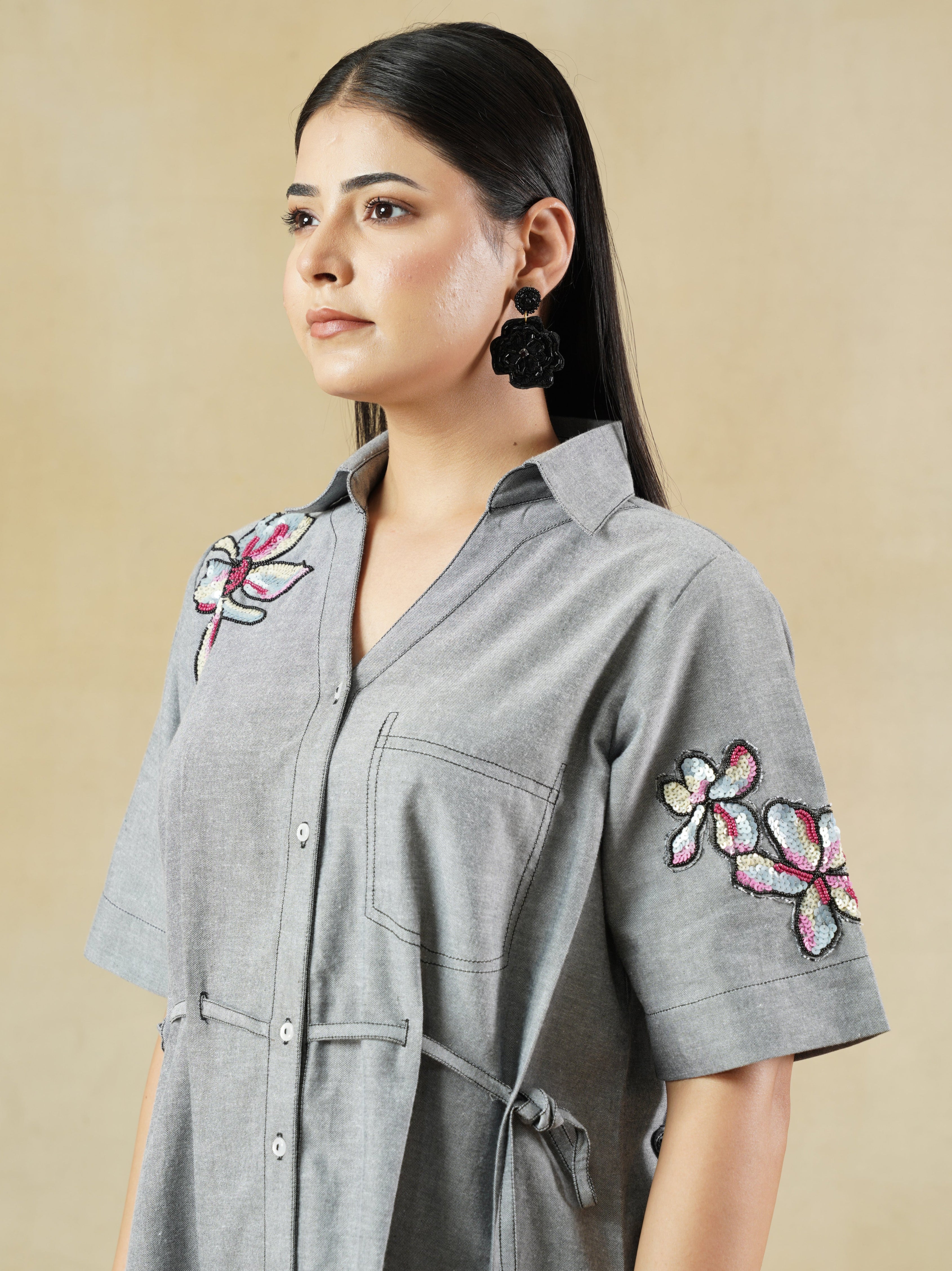 Hand-Embroidered Chambray Shirt Dress