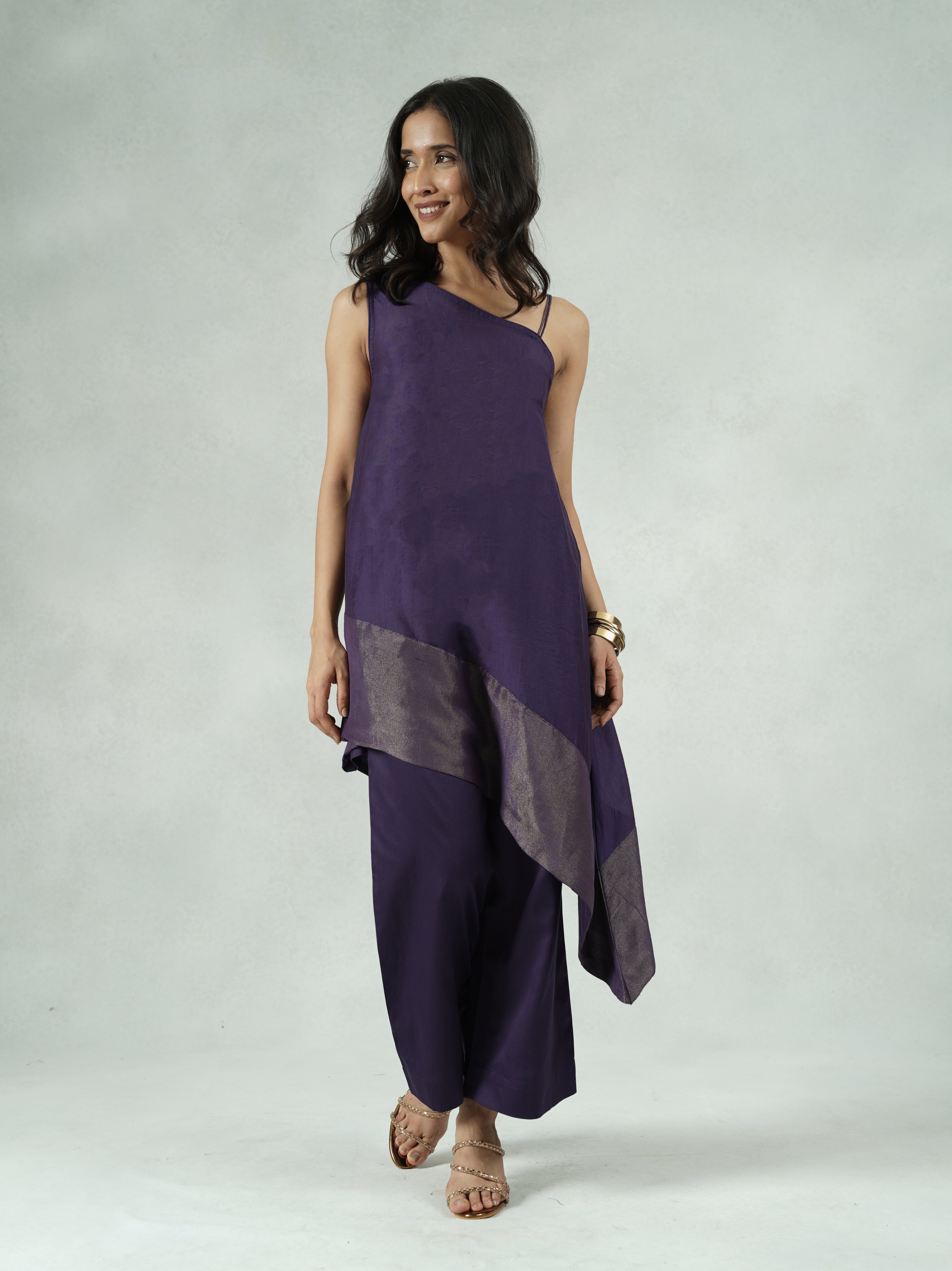 Purple Chanderi Co-ord Set with Asymmetric Hem
