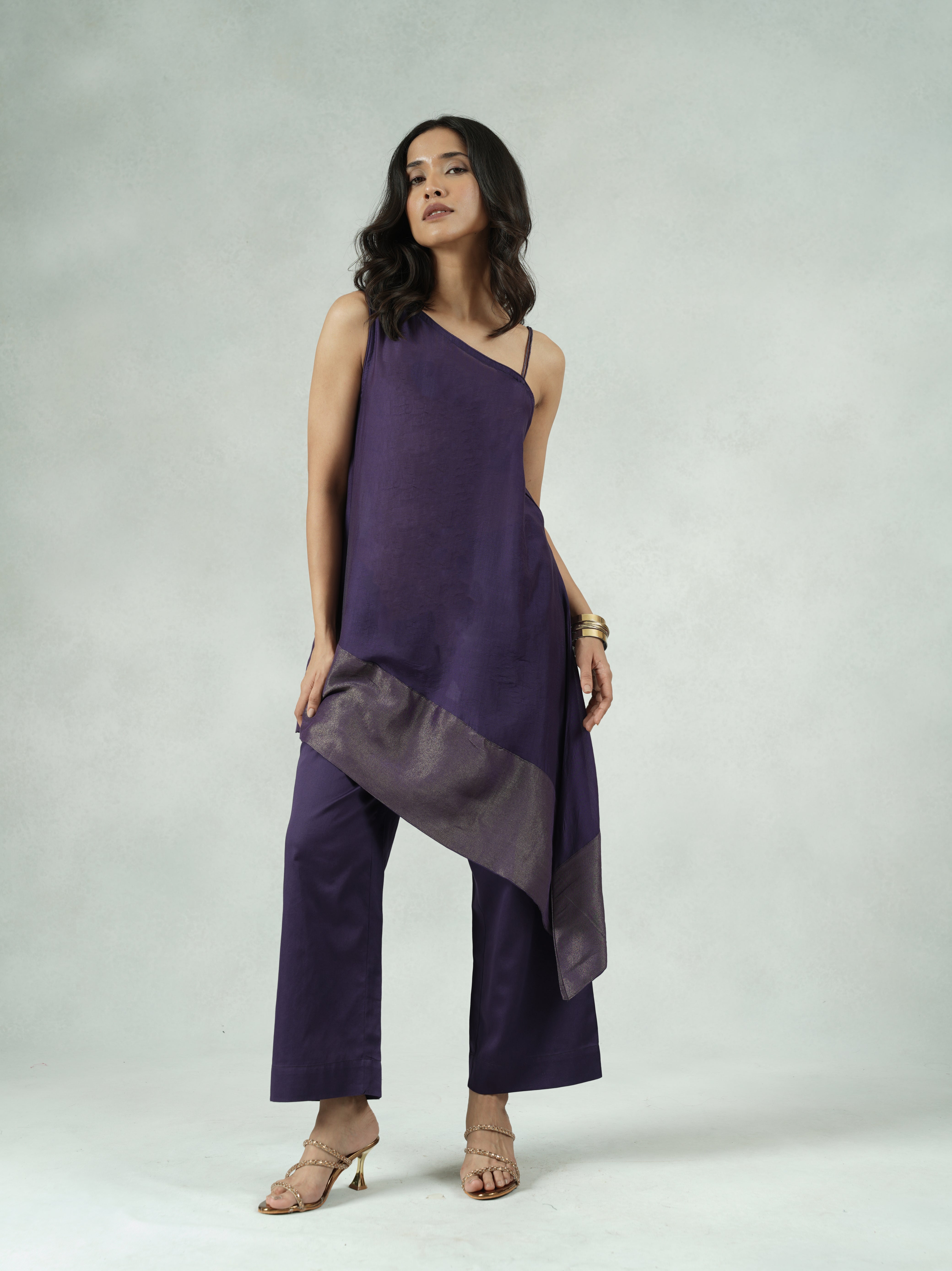 Purple Chanderi Co-ord Set with Asymmetric Hem