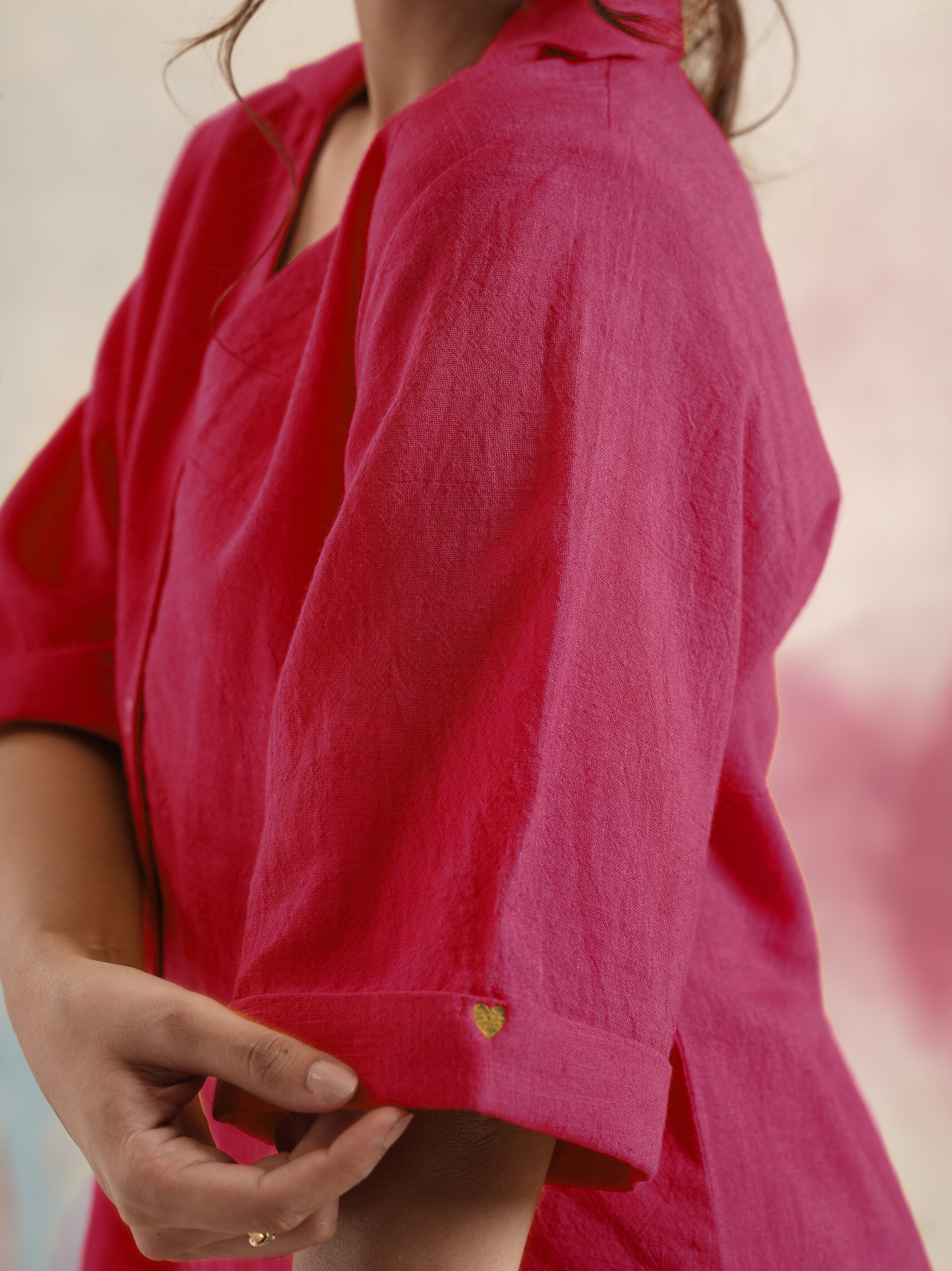 Fuchsia Collared Cotton Shirt with Bird Embroidery