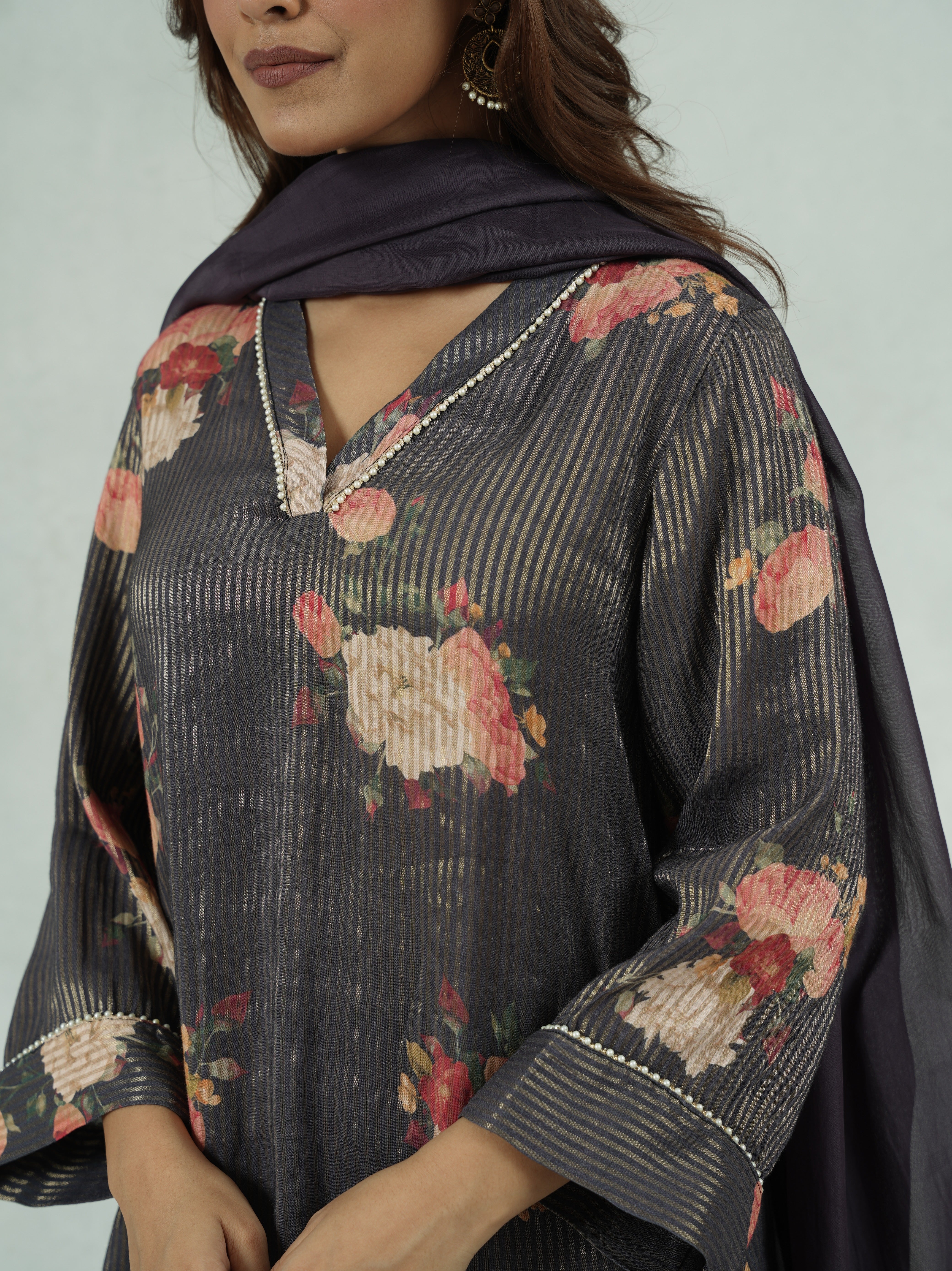 Purple Floral Print Festive Kurta Set with Pearl Detailing